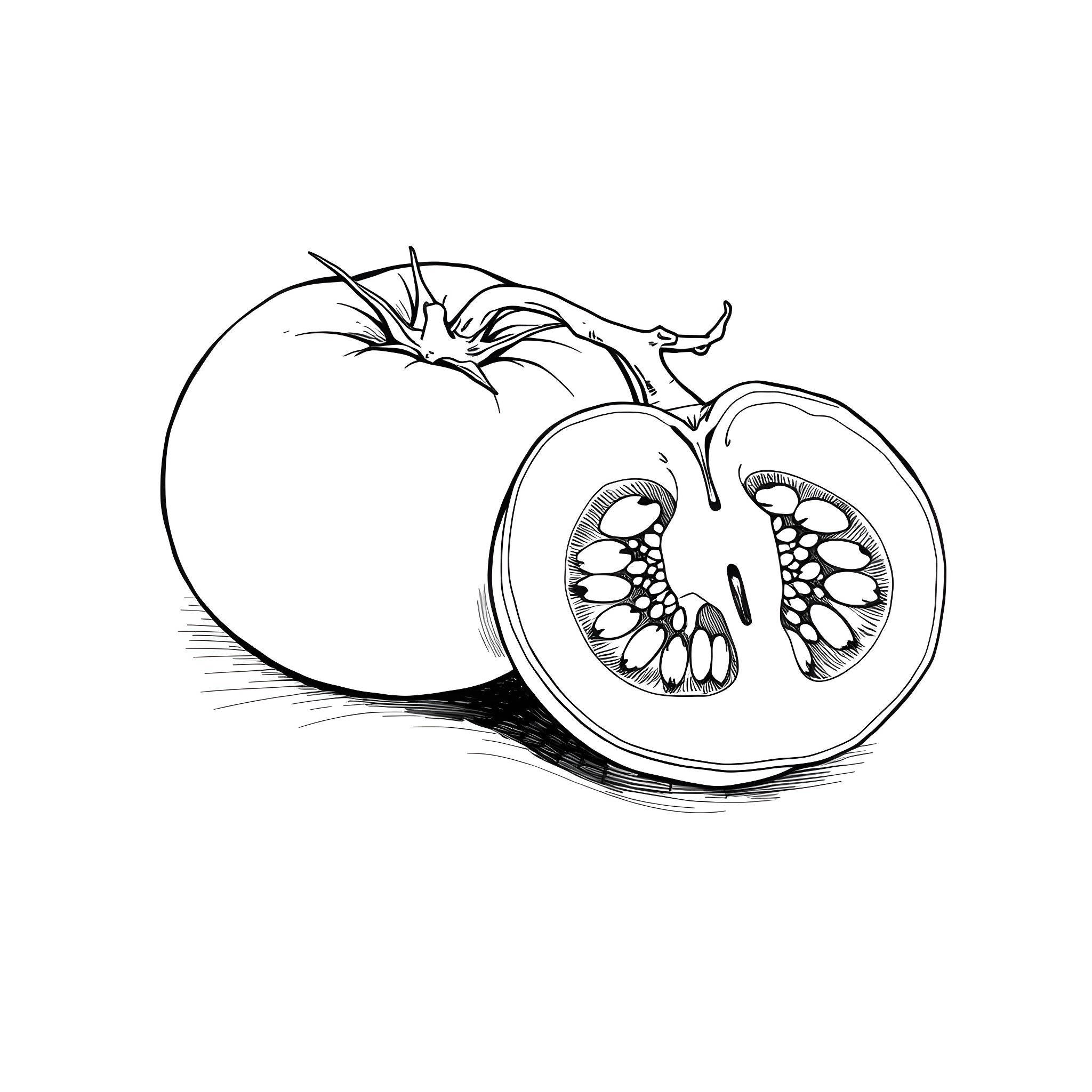 Tomato cut in half showing seeds and pulp Coloring Page (free black-and-white line drawing printable PDF for all, from beginners to advanced learners, including children, teens, adults, and seniors)