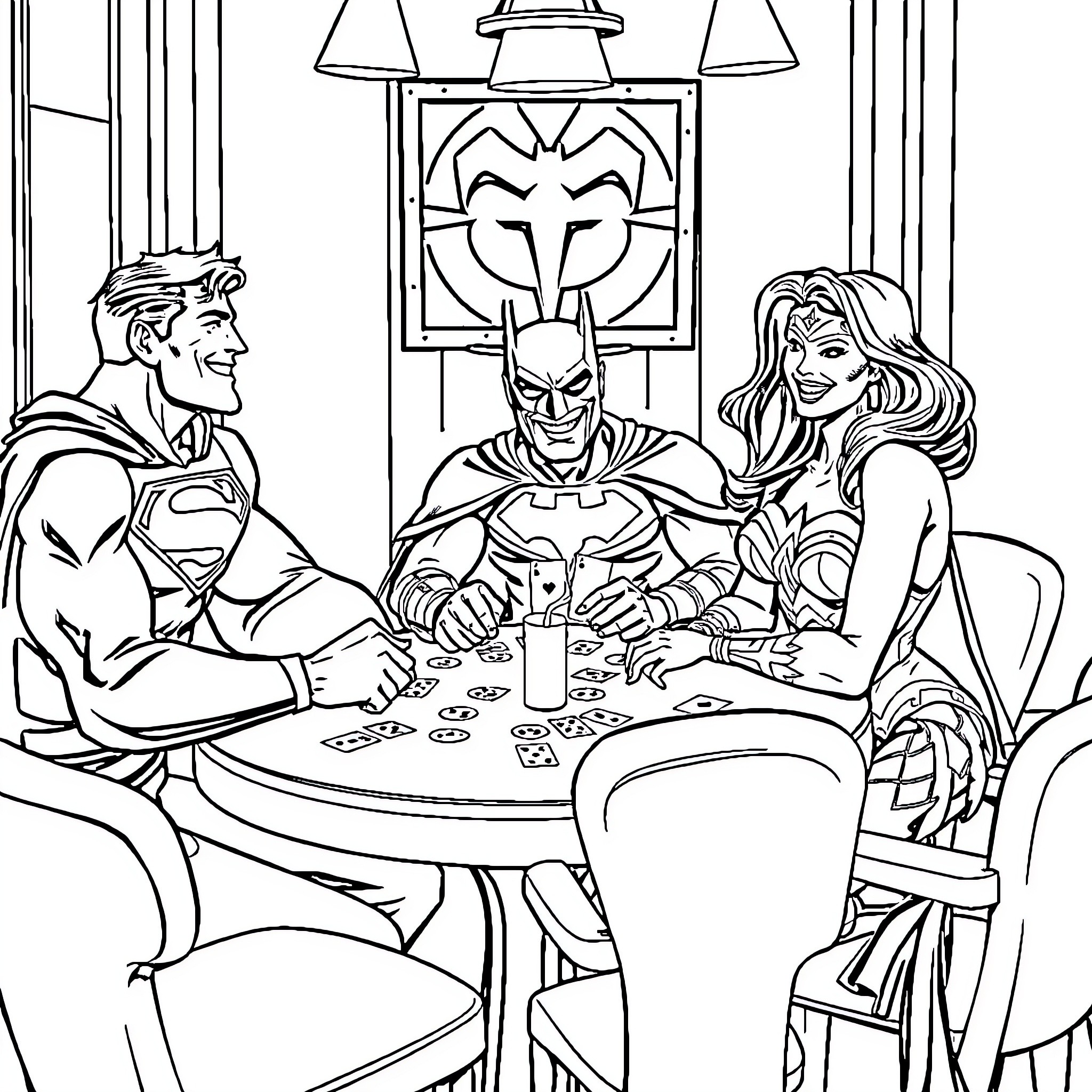 Justice League Heroes Engaged in Card Game Coloring Page (free black-and-white line drawing printable PDF for all, from beginners to advanced learners, including children, teens, adults, and seniors)