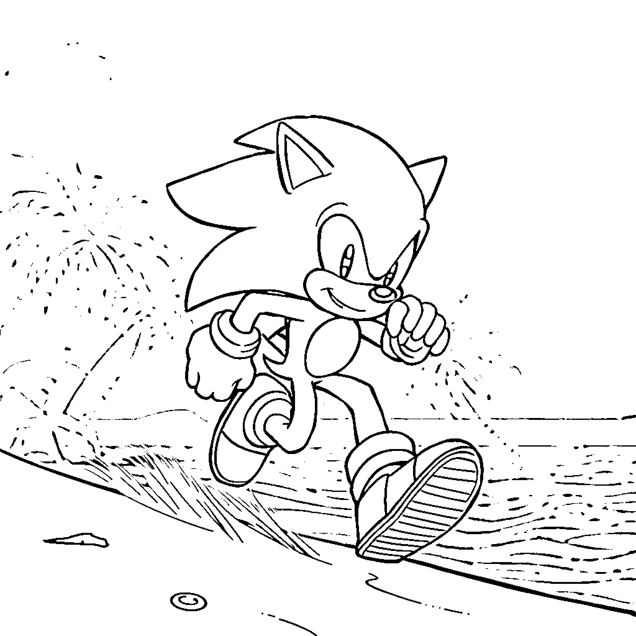 Sonic the Hedgehog surfing on the beach Coloring Page (free black-and-white line drawing printable PDF for all, from beginners to advanced learners, including children, teens, adults, and seniors)