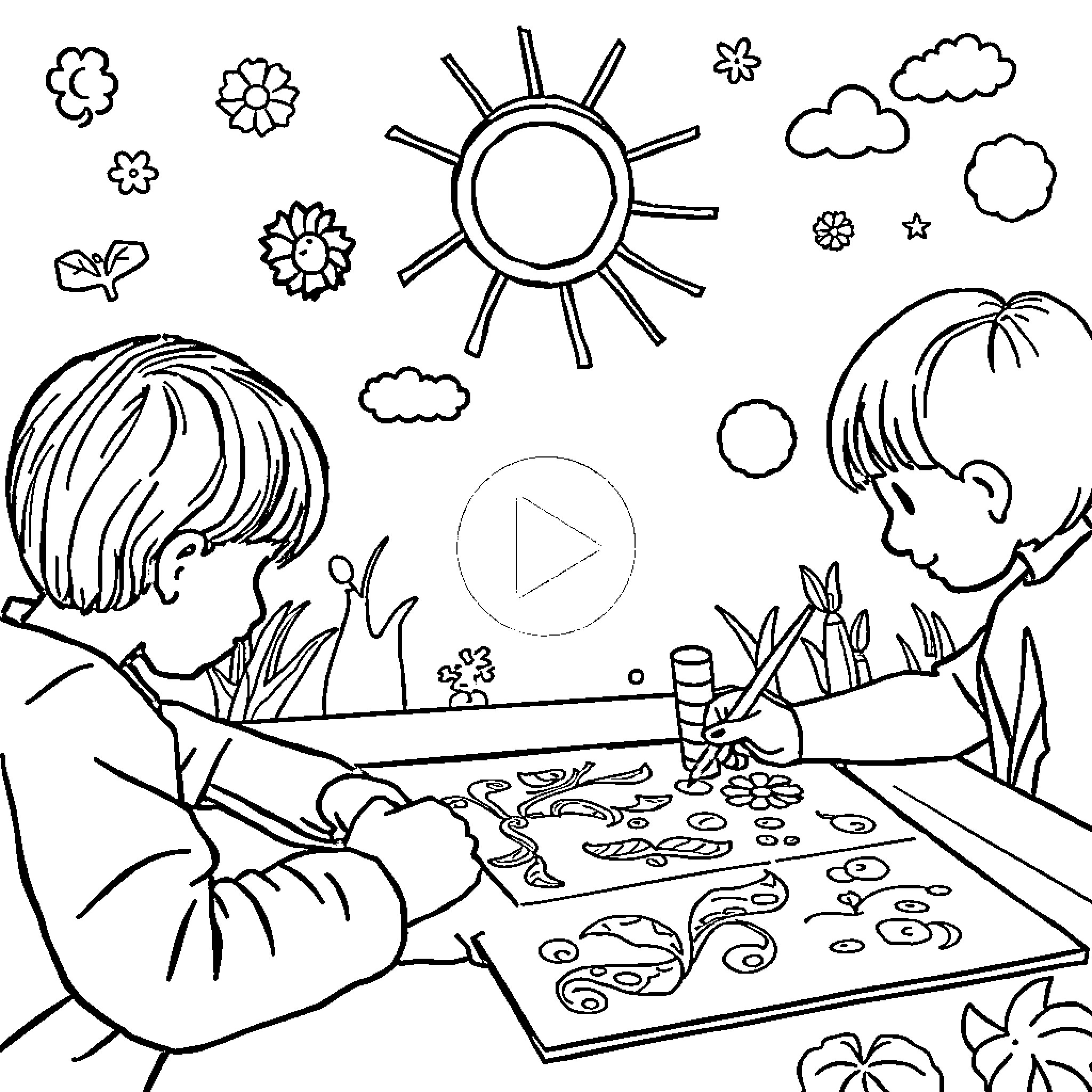 Worksheet for Children Creating Art in Nature Coloring Page (free black-and-white line drawing printable PDF for all, from beginners to advanced learners, including children, teens, adults, and seniors)