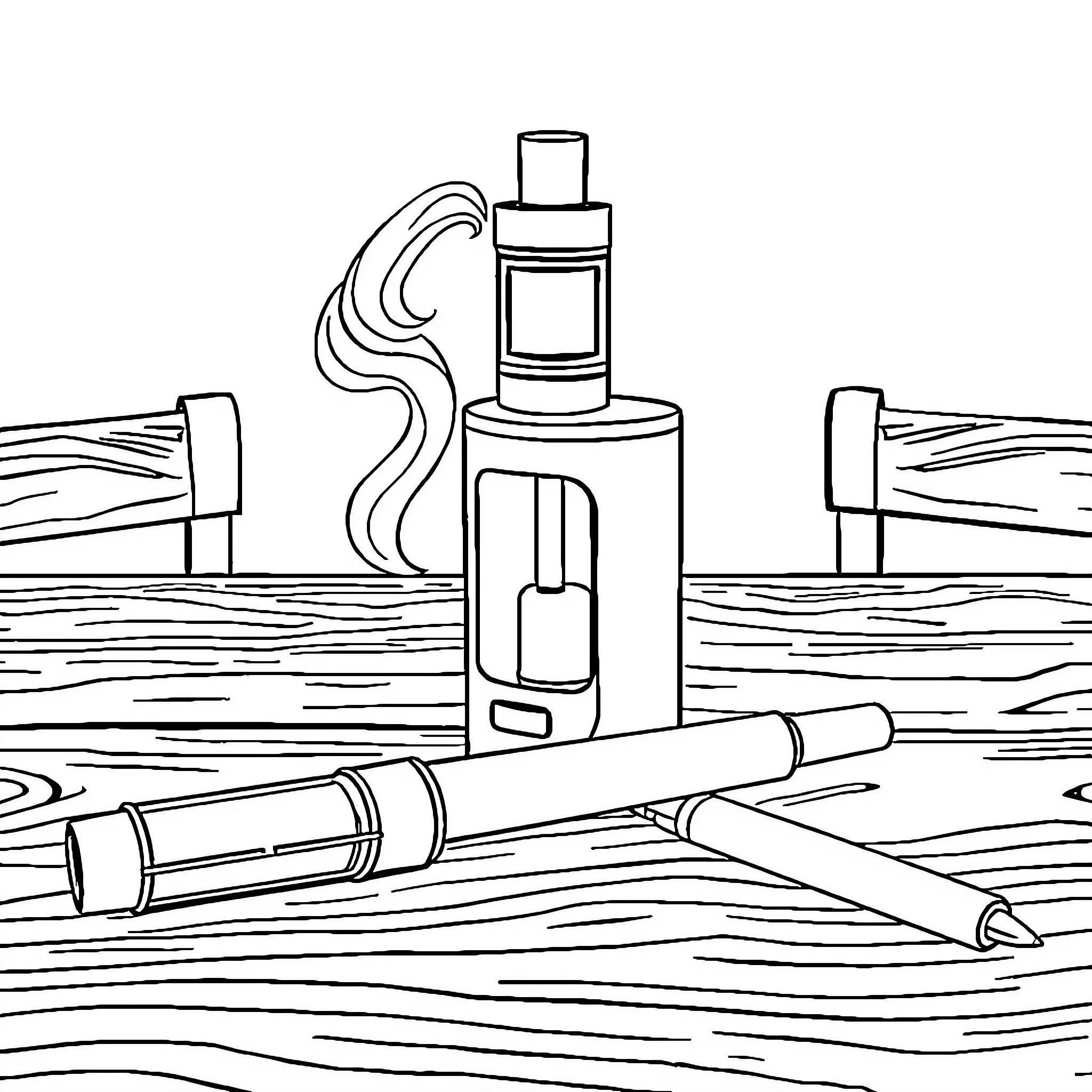 Vape devices on wooden surface Coloring Page (free black-and-white line drawing printable PDF for all, from beginners to advanced learners, including children, teens, adults, and seniors)
