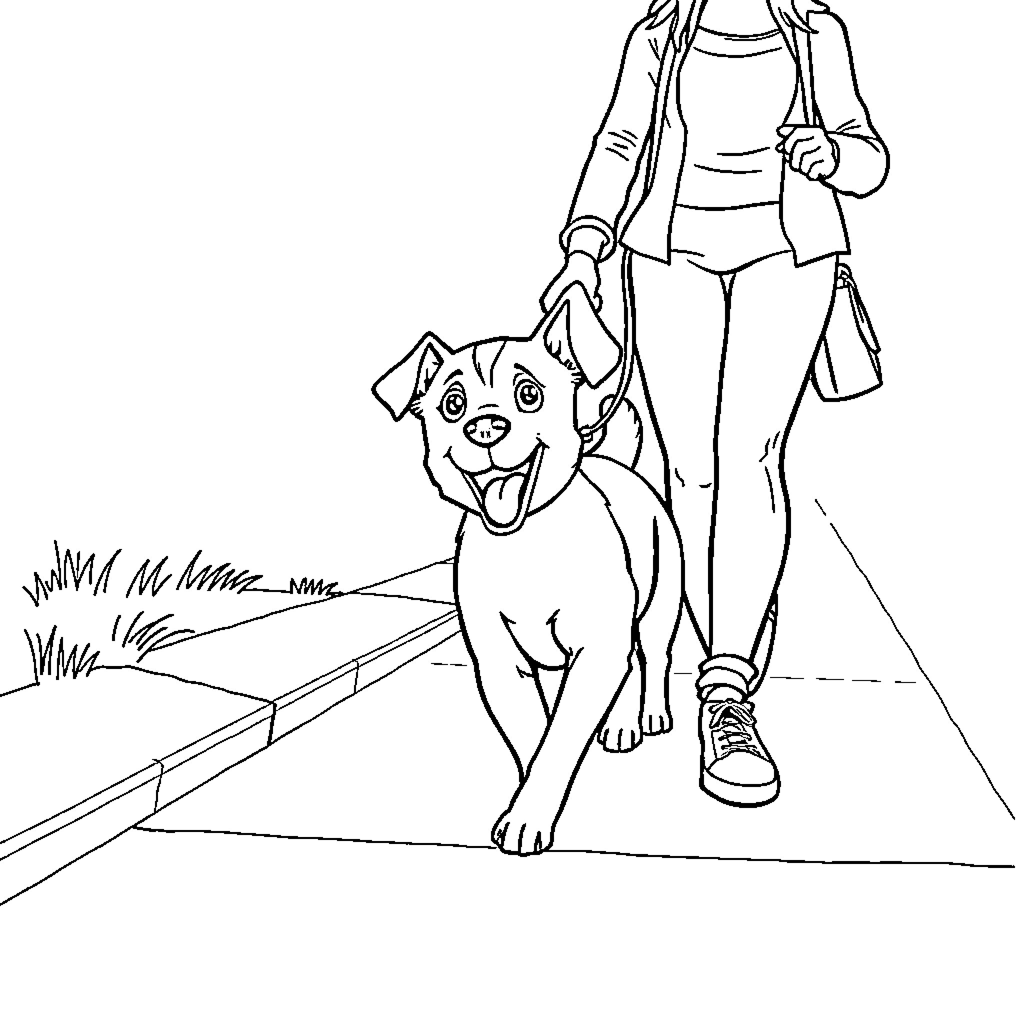 Dog walking happily with owner on a path Coloring Page (free black-and-white line drawing printable PDF for all, from beginners to advanced learners, including children, teens, adults, and seniors)