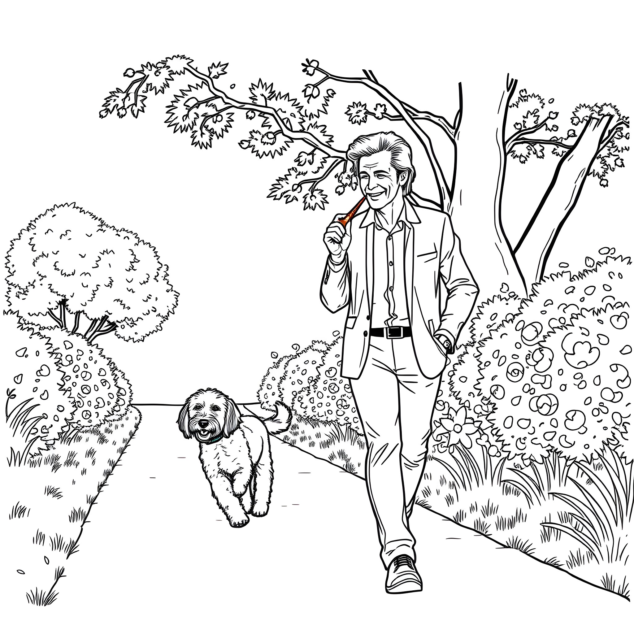 Alex Trebek walking a dog in a scenic park Coloring Page (free black-and-white line drawing printable PDF for all, from beginners to advanced learners, including children, teens, adults, and seniors)