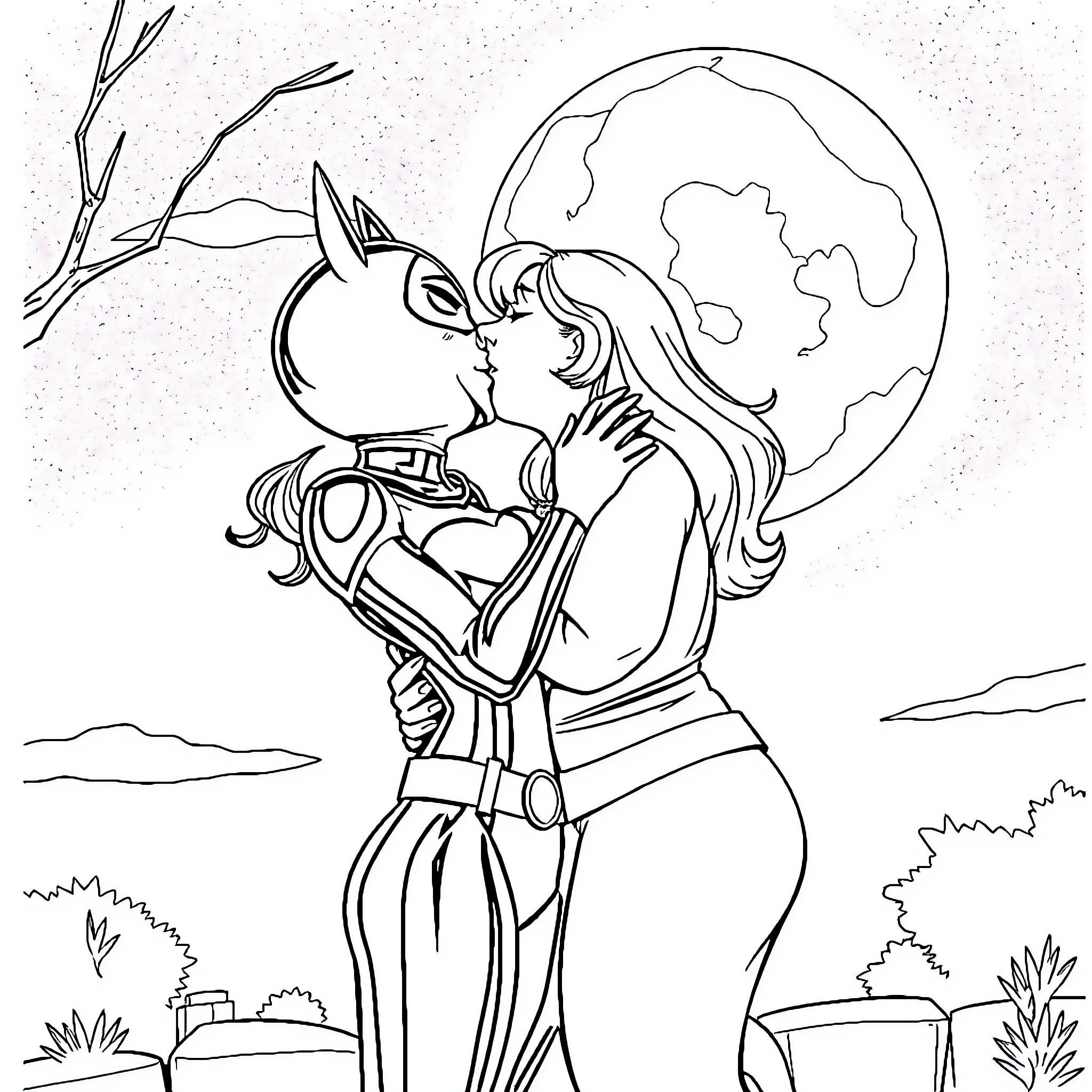 Cat Woman's Passionate Embrace Under the Moonlight Coloring Page (free black-and-white line drawing printable PDF for all, from beginners to advanced learners, including children, teens, adults, and seniors)