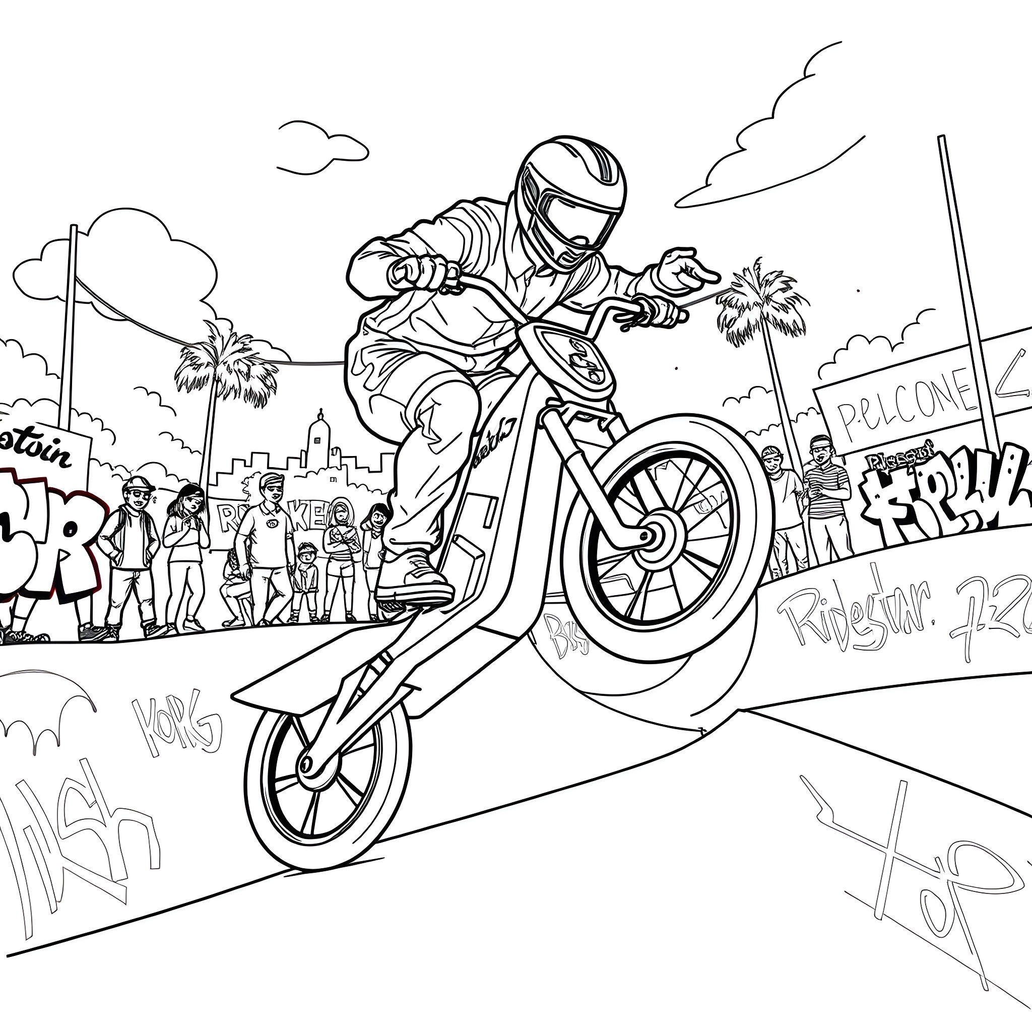 Ridestar performing stunts in urban setting Coloring Page (free black-and-white line drawing printable PDF for all, from beginners to advanced learners, including children, teens, adults, and seniors)