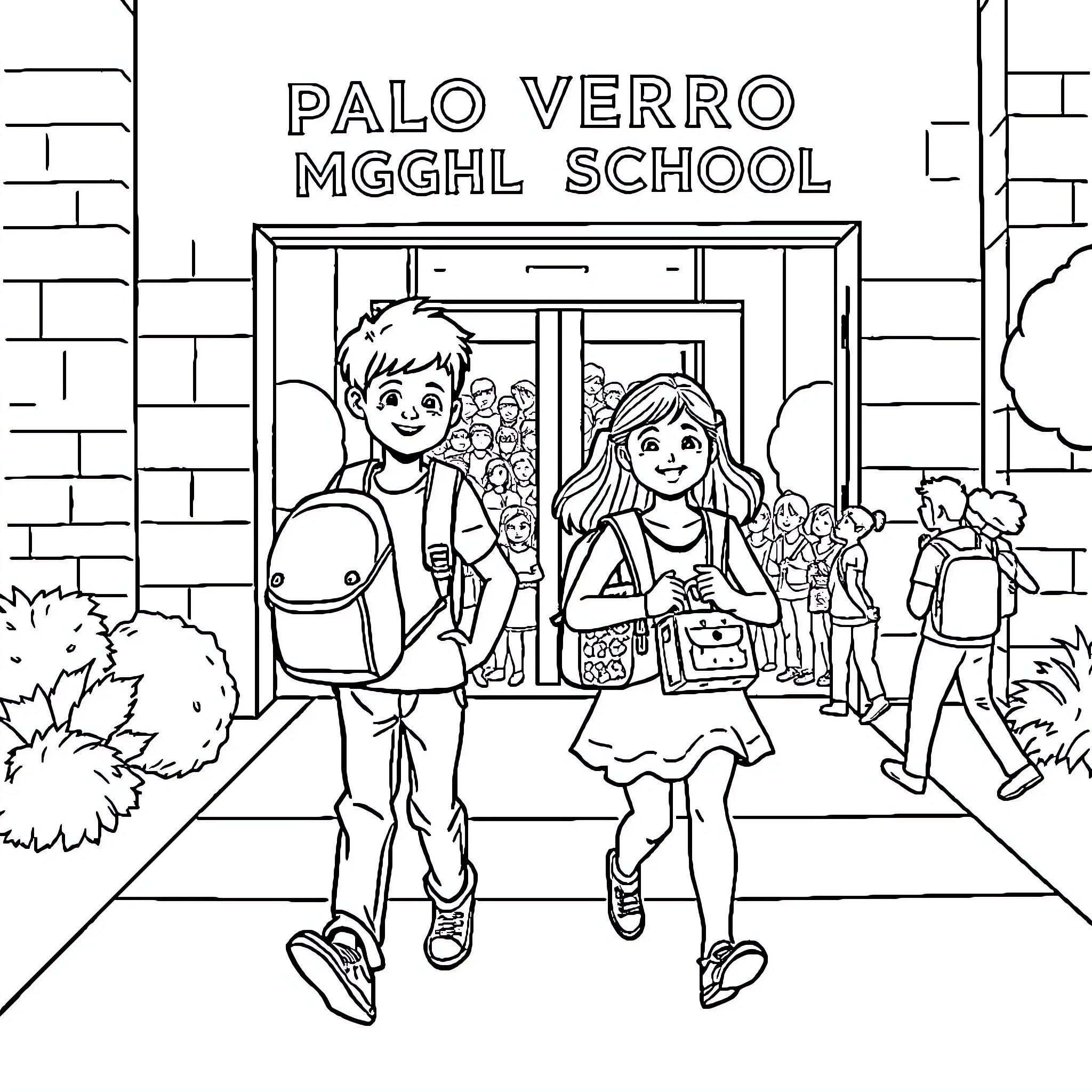 High School Students Entering School Building Coloring Page (free black-and-white line drawing printable PDF for all, from beginners to advanced learners, including children, teens, adults, and seniors)