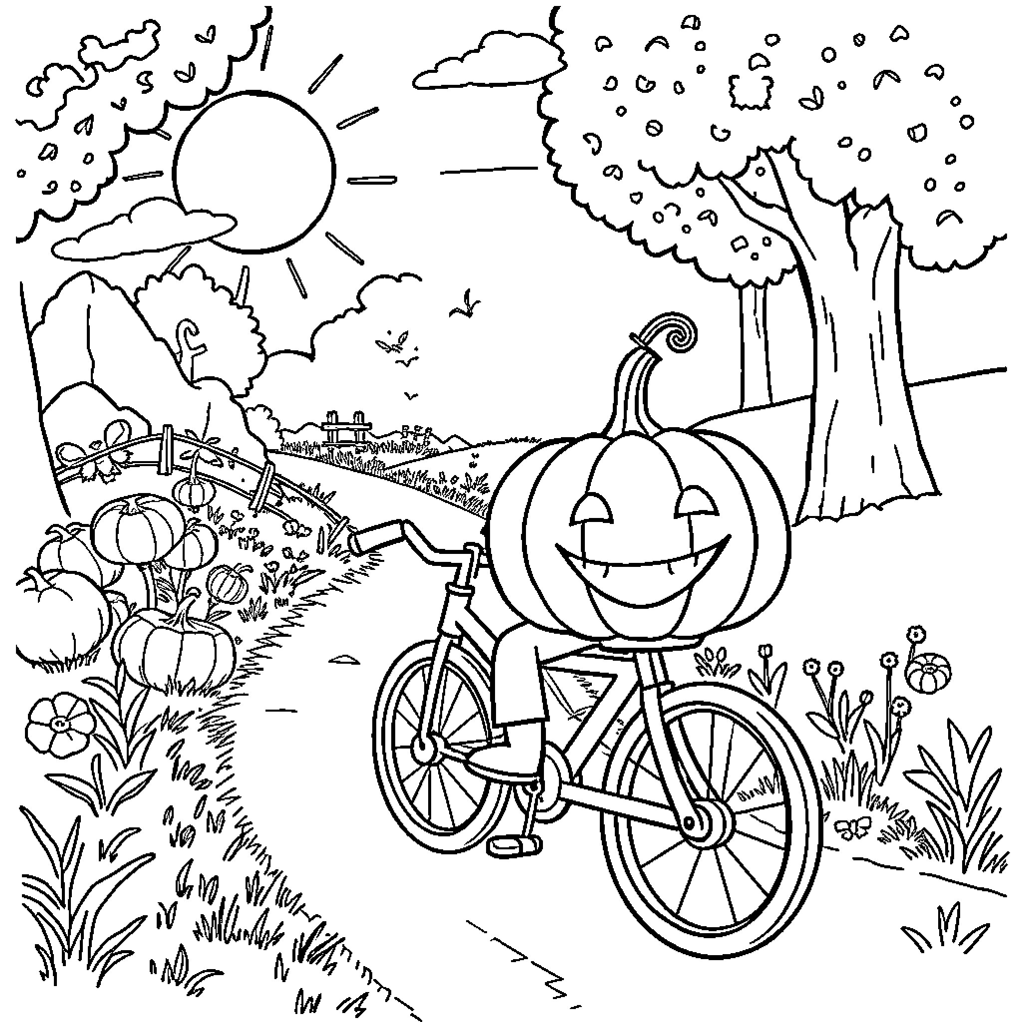 Pumpkin riding bicycle through autumn landscape Coloring Page (free black-and-white line drawing printable PDF for all, from beginners to advanced learners, including children, teens, adults, and seniors)