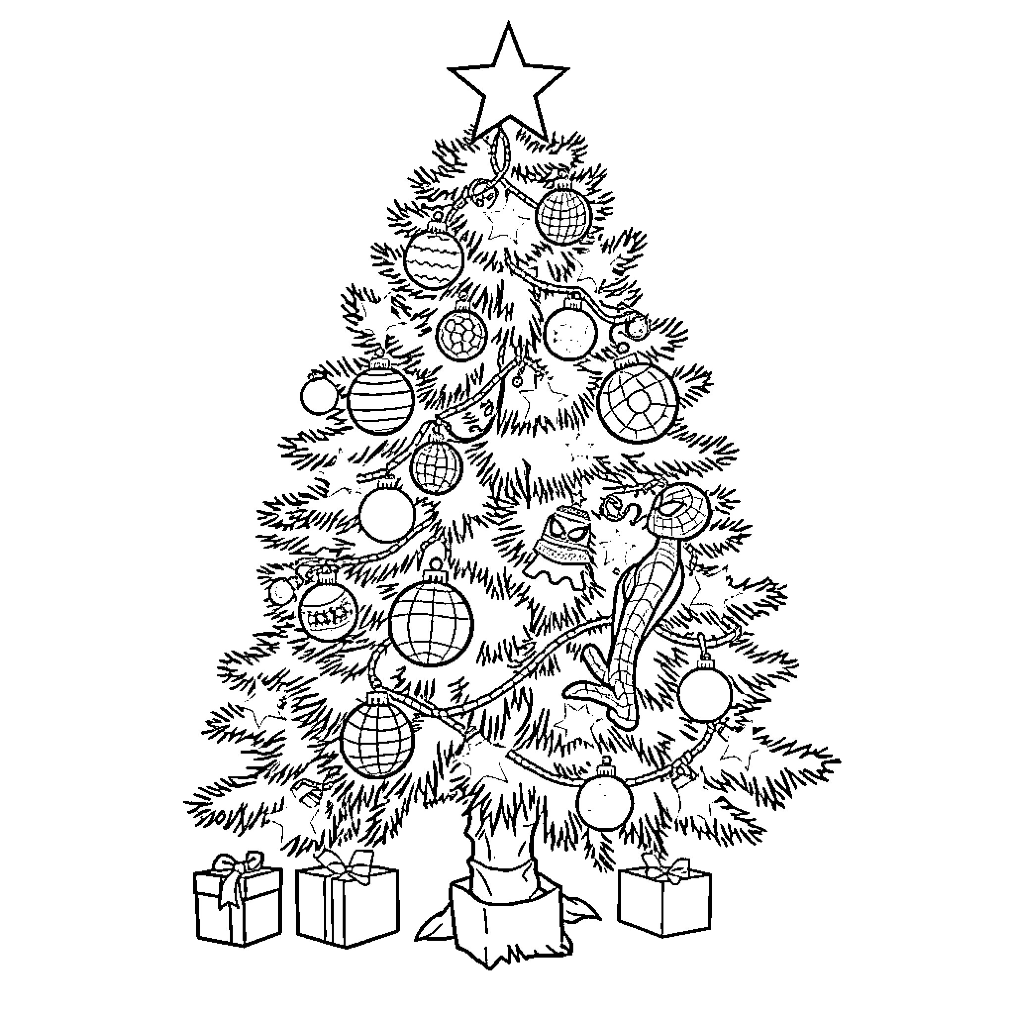 Spiderman decorating Christmas tree with ornaments Coloring Page (free black-and-white line drawing printable PDF for all, from beginners to advanced learners, including children, teens, adults, and seniors)