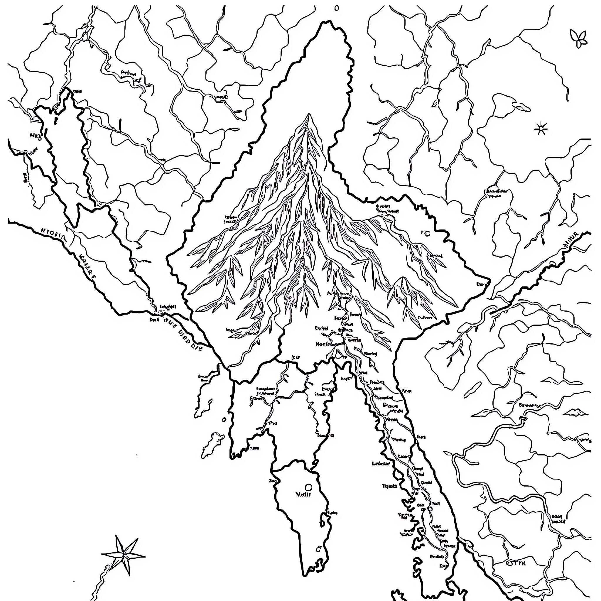 Map of Rugged Mountain Landscape Coloring Page (free black-and-white line drawing printable PDF for all, from beginners to advanced learners, including children, teens, adults, and seniors)