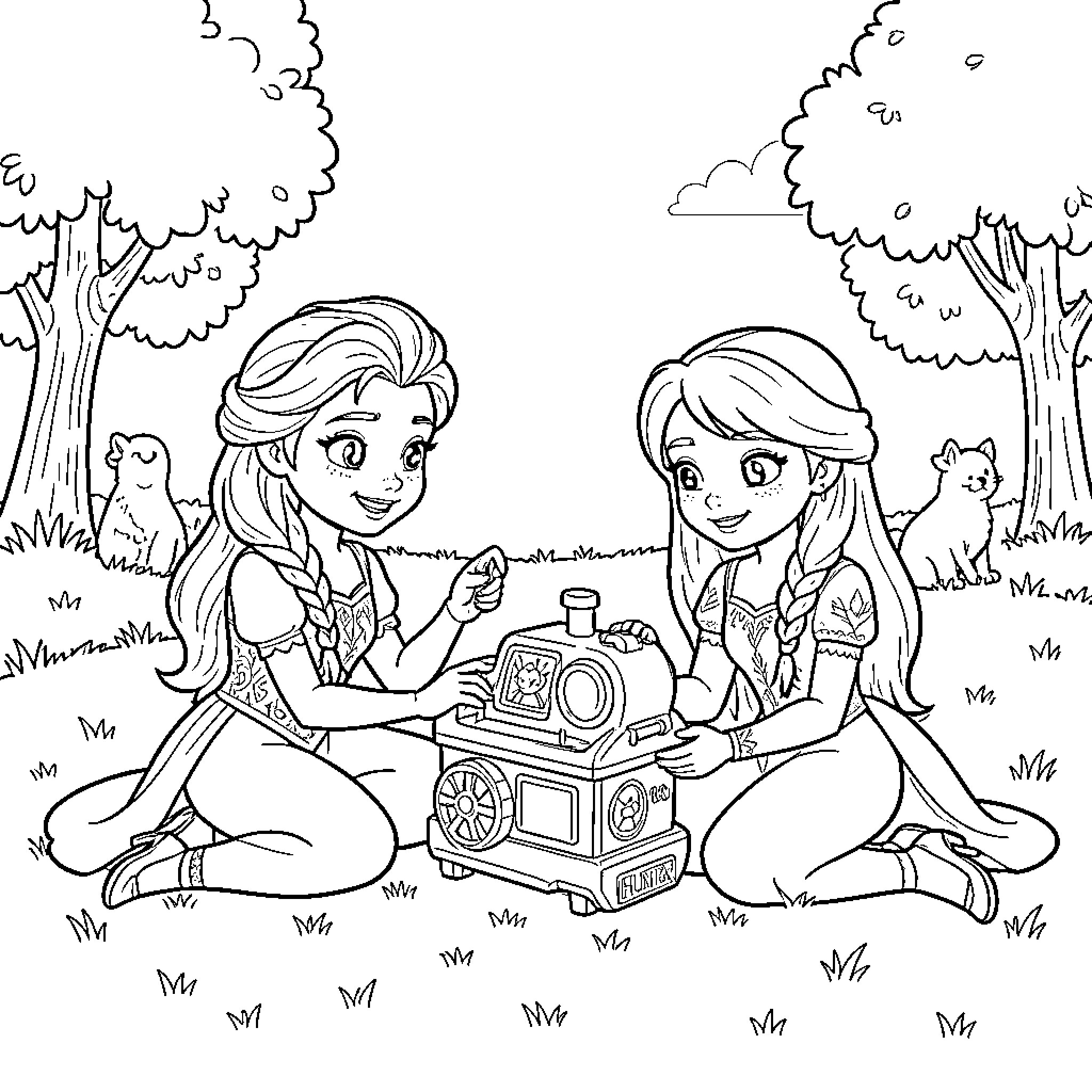 Elsa playing with a toy in a park Coloring Page (free black-and-white line drawing printable PDF for all, from beginners to advanced learners, including children, teens, adults, and seniors)