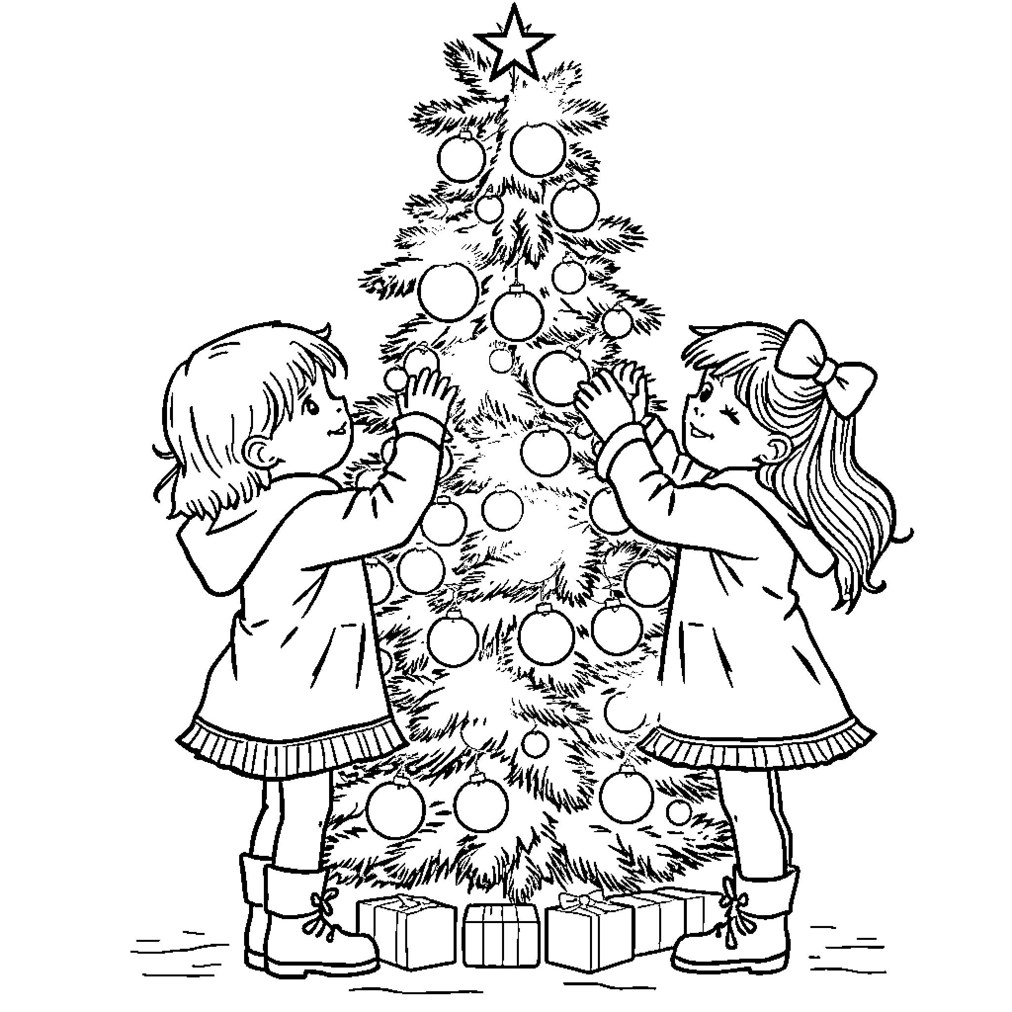 Twin girls decorating Christmas tree together Coloring Page (free black-and-white line drawing printable PDF for all, from beginners to advanced learners, including children, teens, adults, and seniors)