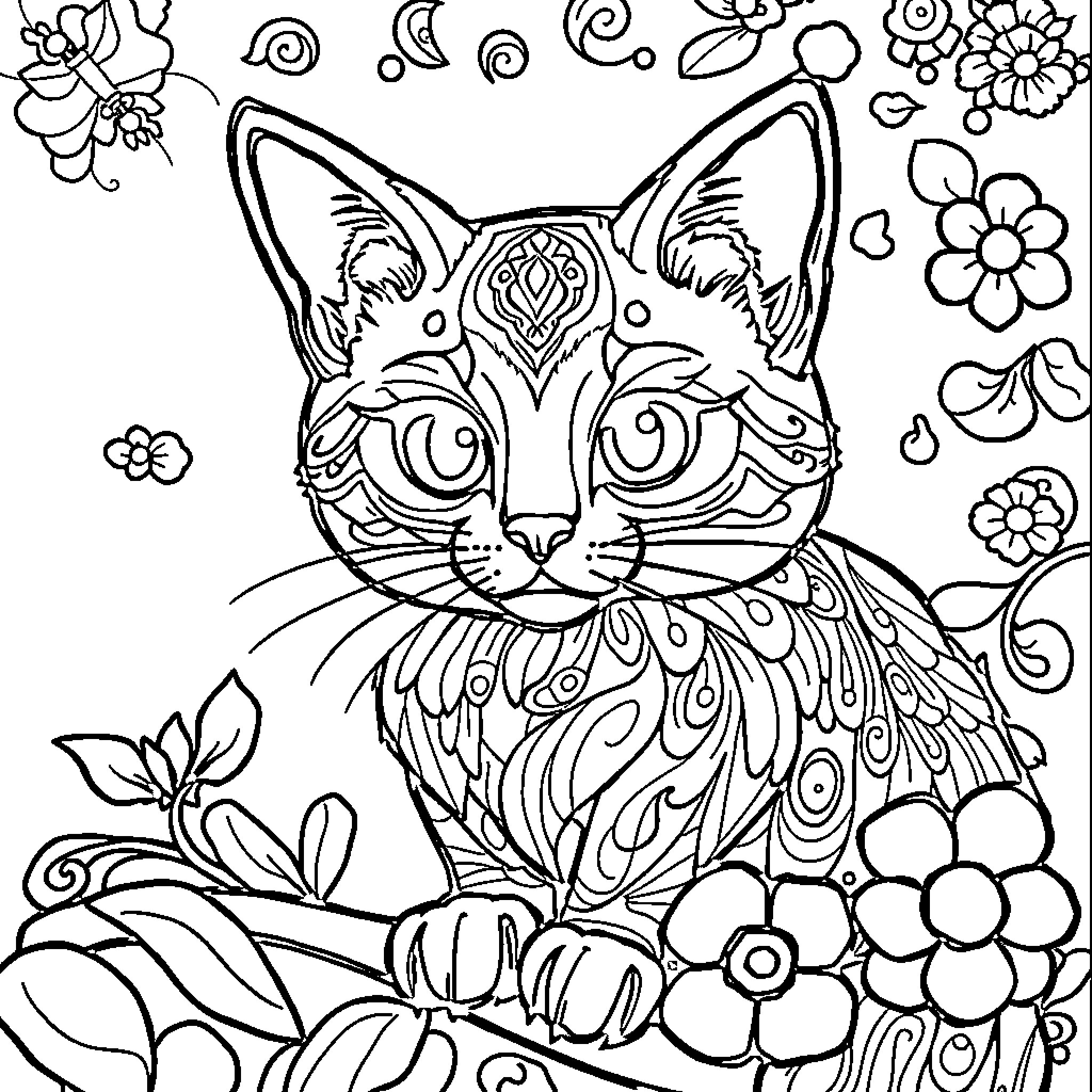 Katesye: Whimsical Cat Surrounded by Flowers Coloring Page (free black-and-white line drawing printable PDF for all, from beginners to advanced learners, including children, teens, adults, and seniors)
