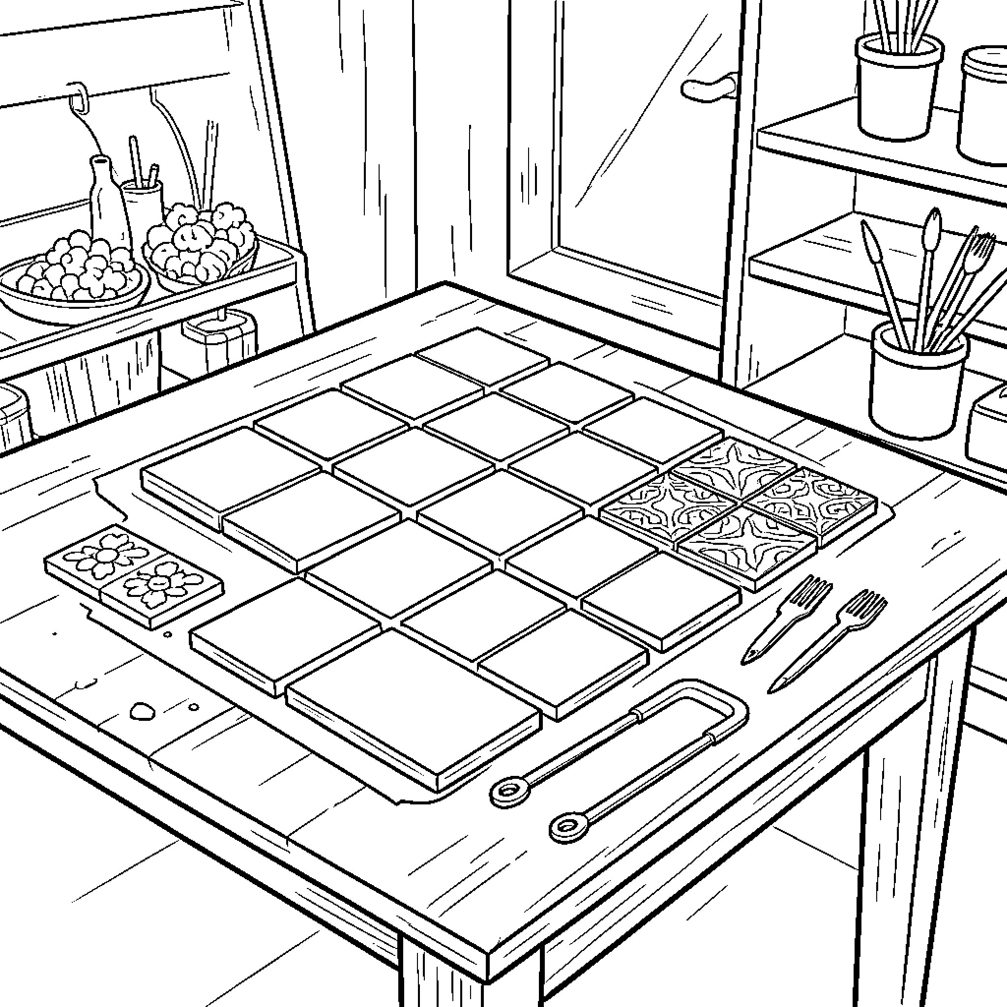 Tile Cooking Utensils and Ingredients on Kitchen Counter Coloring Page (free black-and-white line drawing printable PDF for all, from beginners to advanced learners, including children, teens, adults, and seniors)