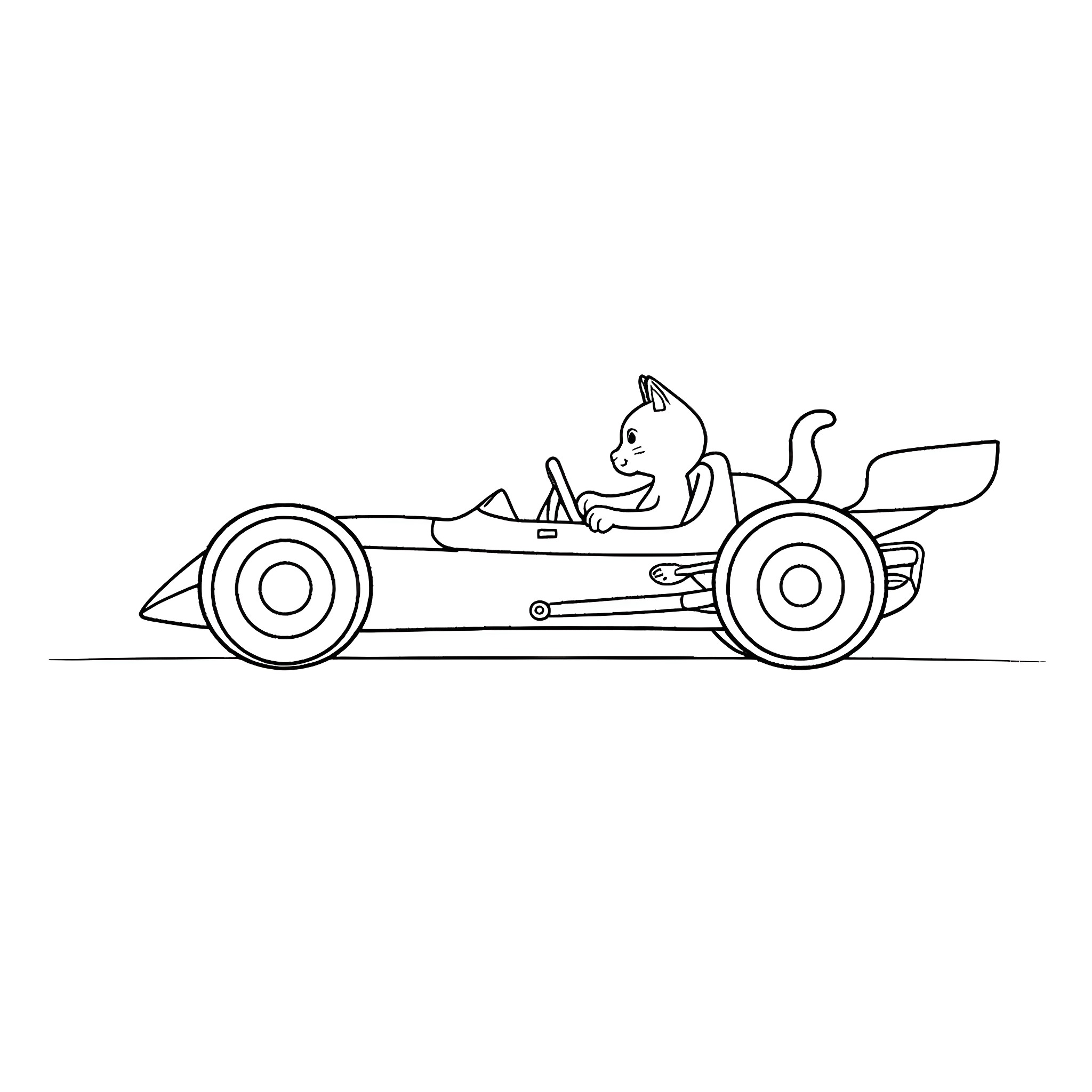 Cat driving racing car Coloring Page (free black-and-white line drawing printable PDF for all, from beginners to advanced learners, including children, teens, adults, and seniors)