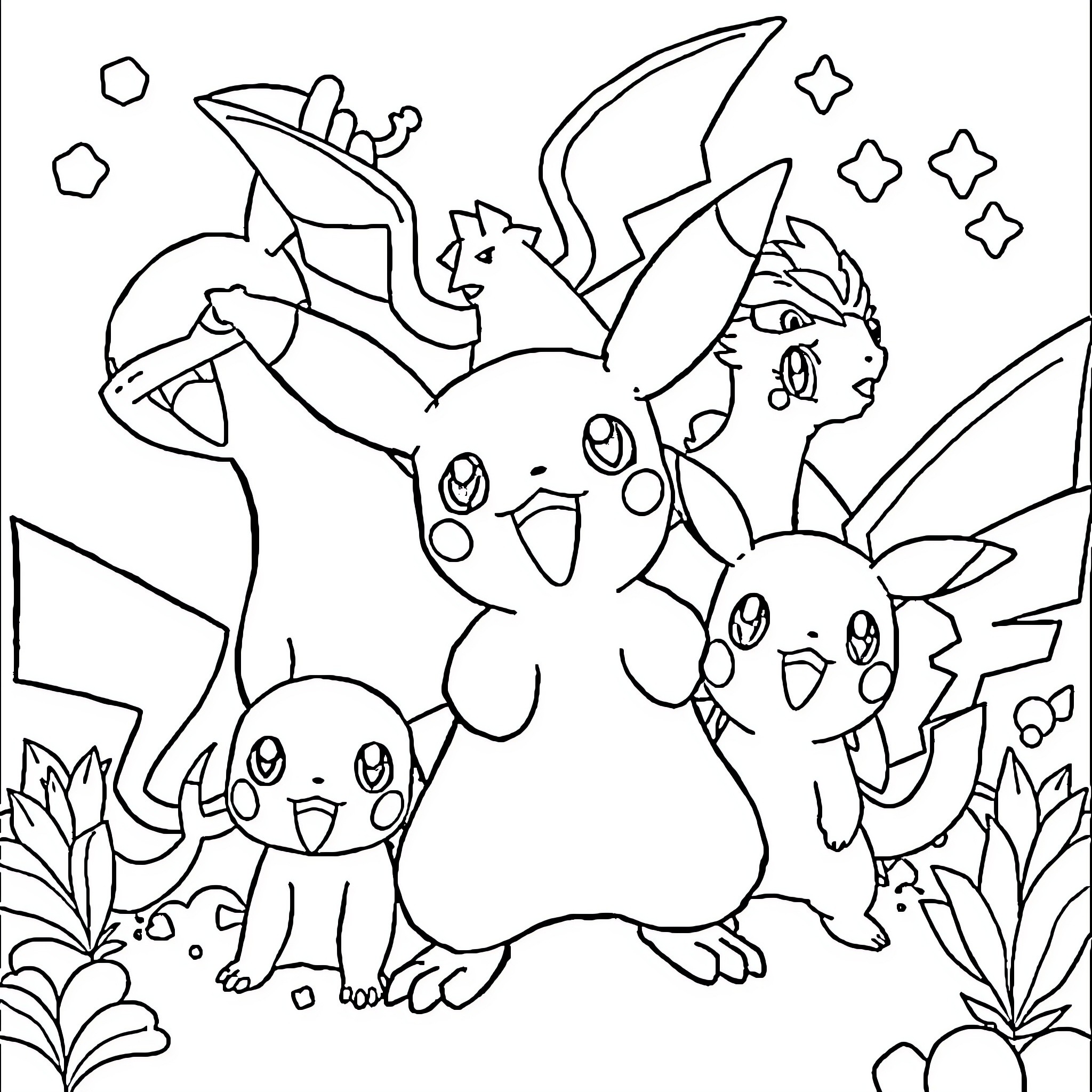 Pokémon Friends Gathered in Whimsical Scenery Coloring Page (free black-and-white line drawing printable PDF for all, from beginners to advanced learners, including children, teens, adults, and seniors)