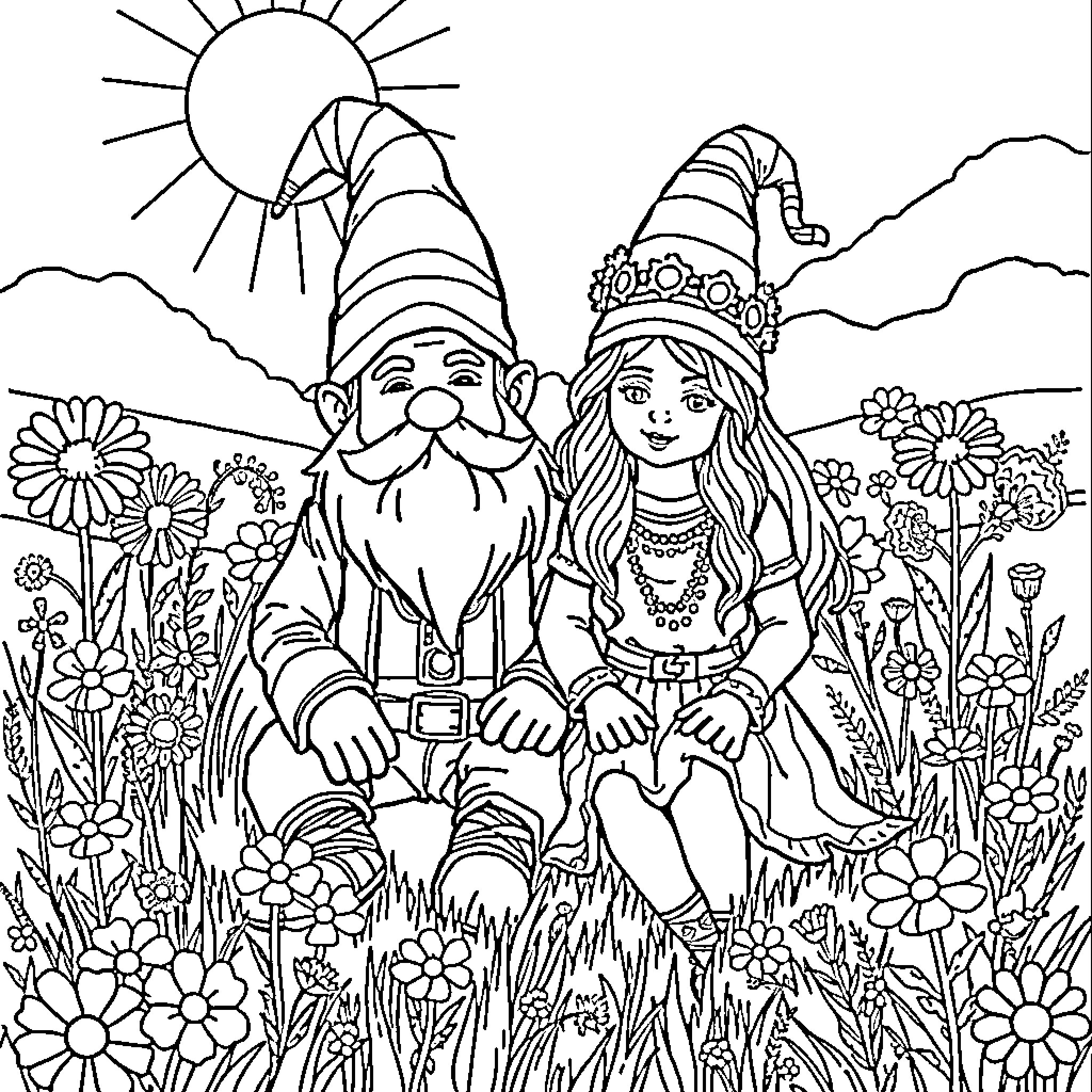 Hippie Gnome and Woman Enjoying Nature Together Coloring Page (free black-and-white line drawing printable PDF for all, from beginners to advanced learners, including children, teens, adults, and seniors)