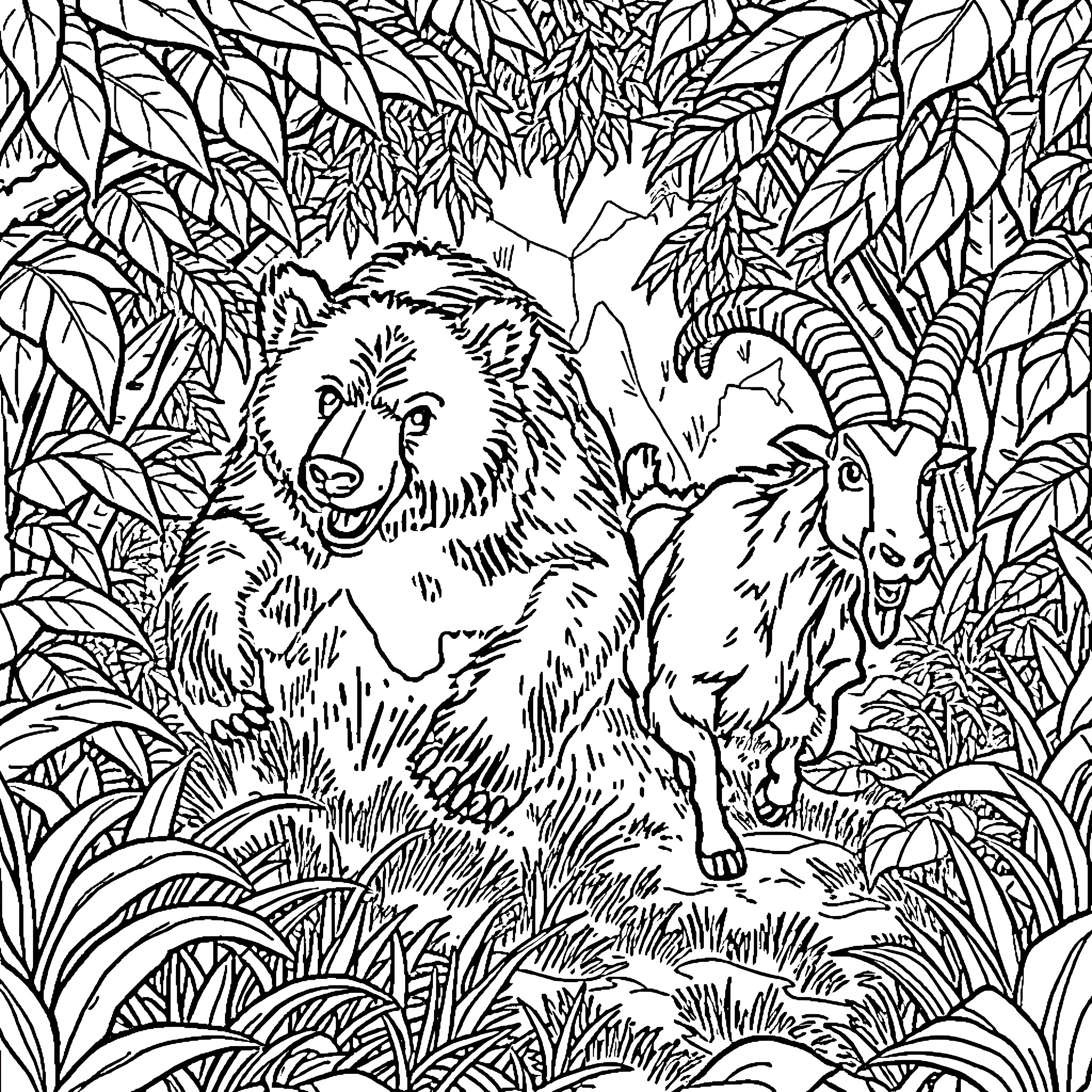 Bear roaming through the dense jungle Coloring Page (free black-and-white line drawing printable PDF for all, from beginners to advanced learners, including children, teens, adults, and seniors)