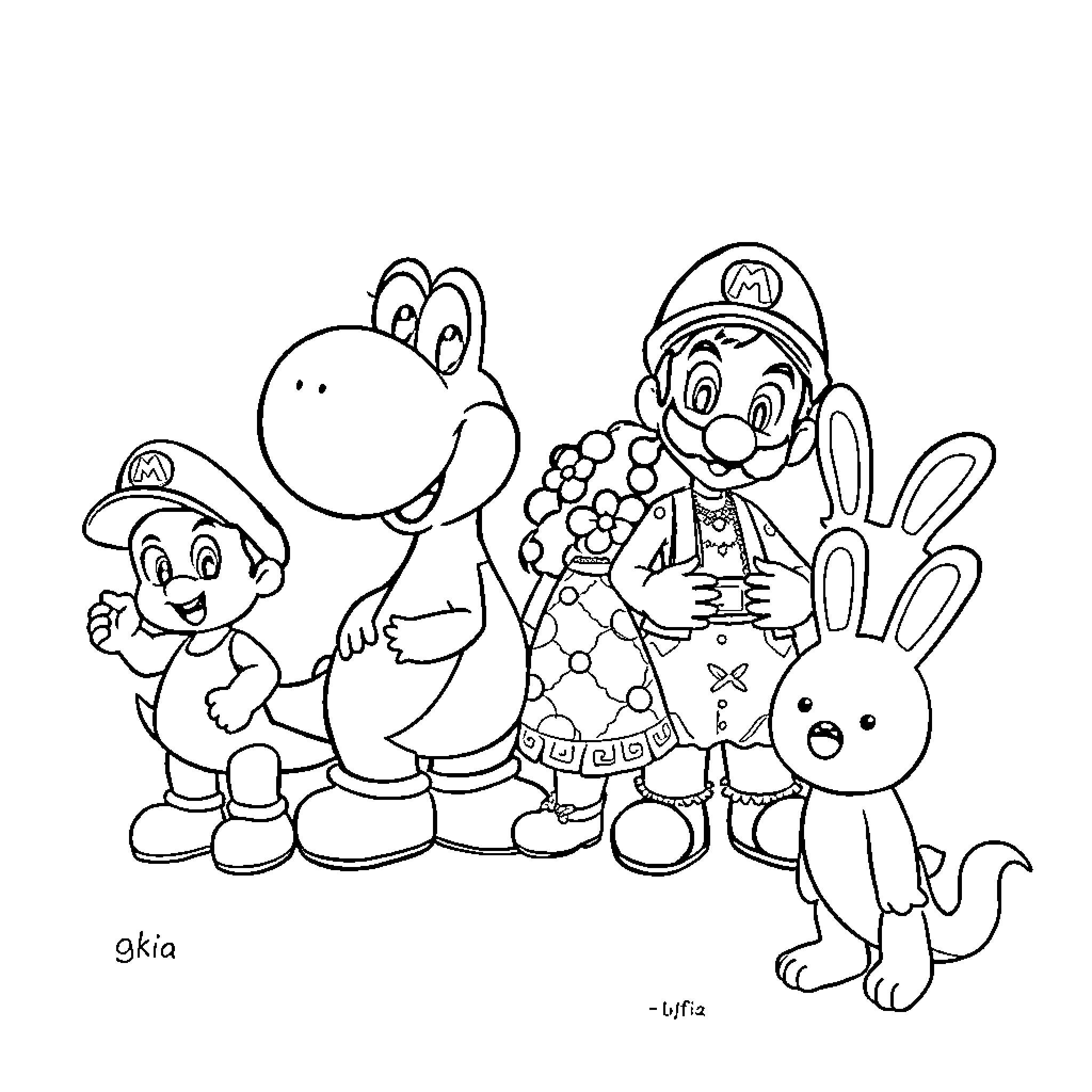 Yoshi and Friends Celebrate with Mario Coloring Page (free black-and-white line drawing printable PDF for all, from beginners to advanced learners, including children, teens, adults, and seniors)