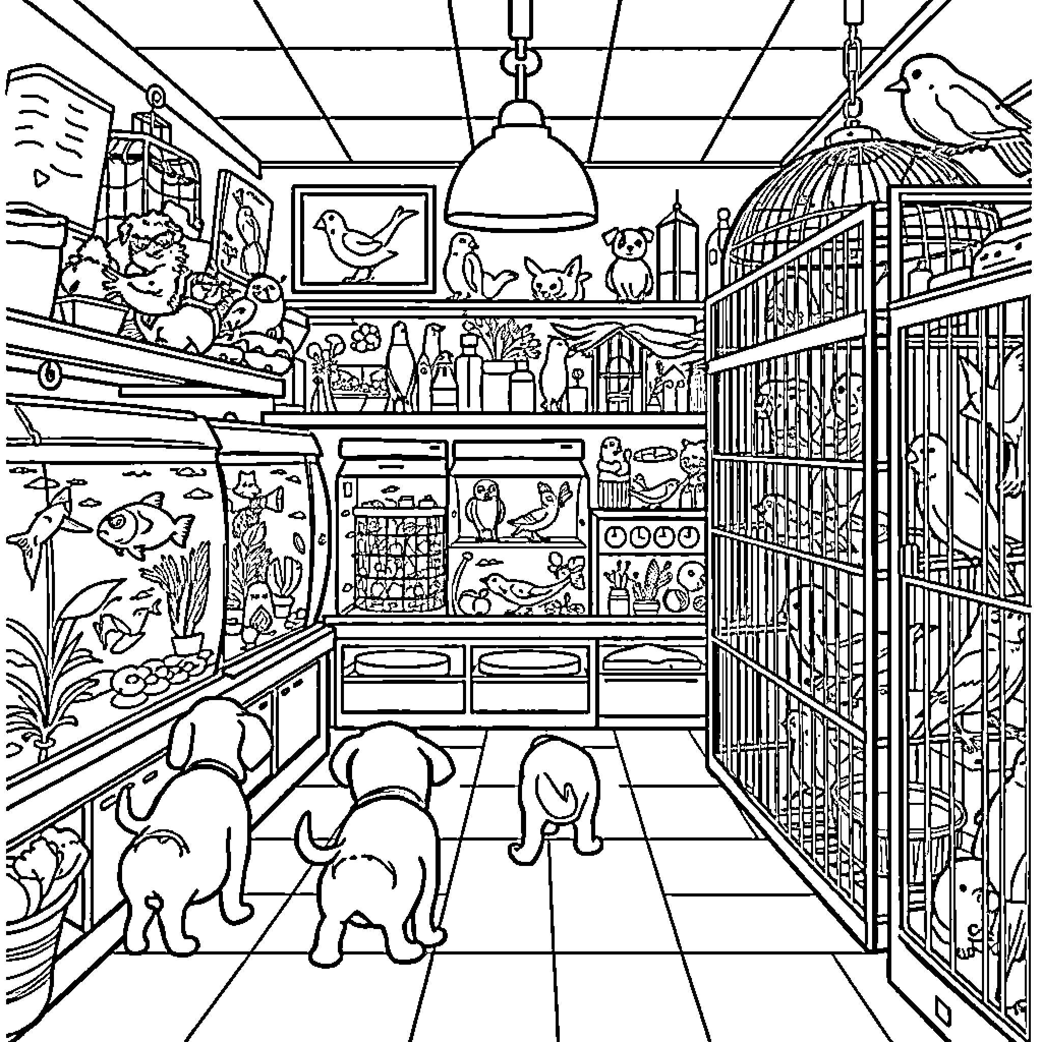 Petshop filled with diverse animals and accessories Coloring Page (free black-and-white line drawing printable PDF for all, from beginners to advanced learners, including children, teens, adults, and seniors)