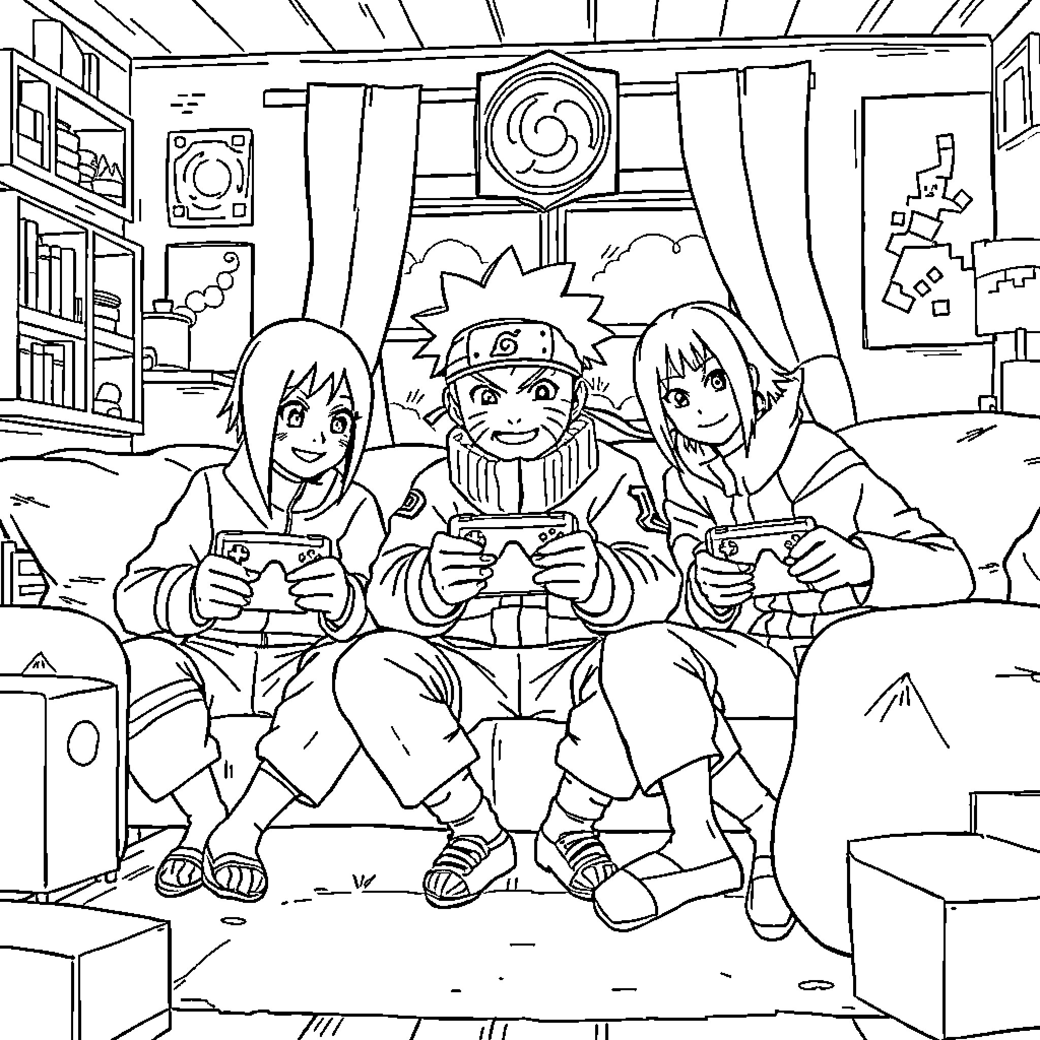Naruto and friends playing video games together Coloring Page (free black-and-white line drawing printable PDF for all, from beginners to advanced learners, including children, teens, adults, and seniors)