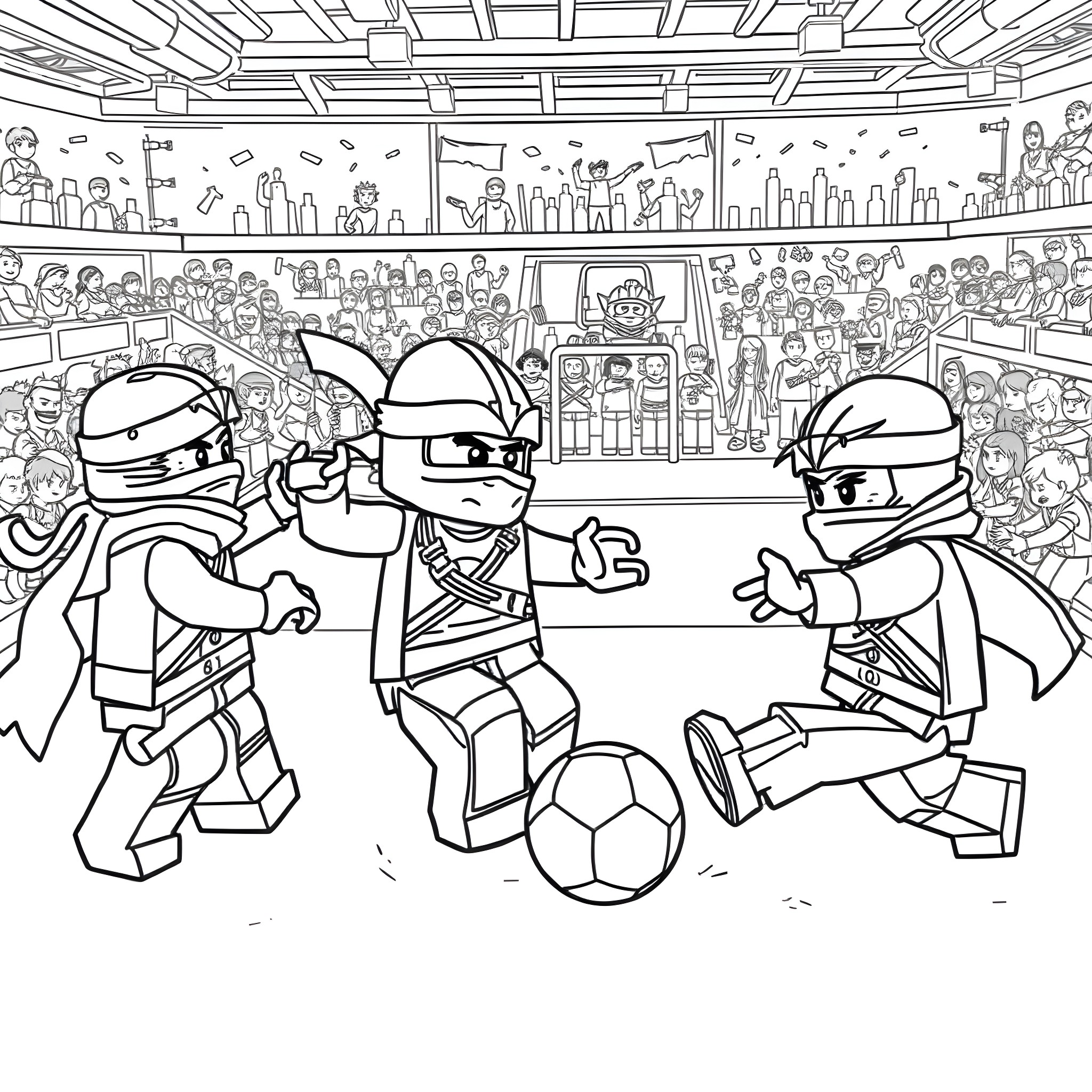 Ninjago Characters Engaged in Soccer Match Coloring Page (free black-and-white line drawing printable PDF for all, from beginners to advanced learners, including children, teens, adults, and seniors)