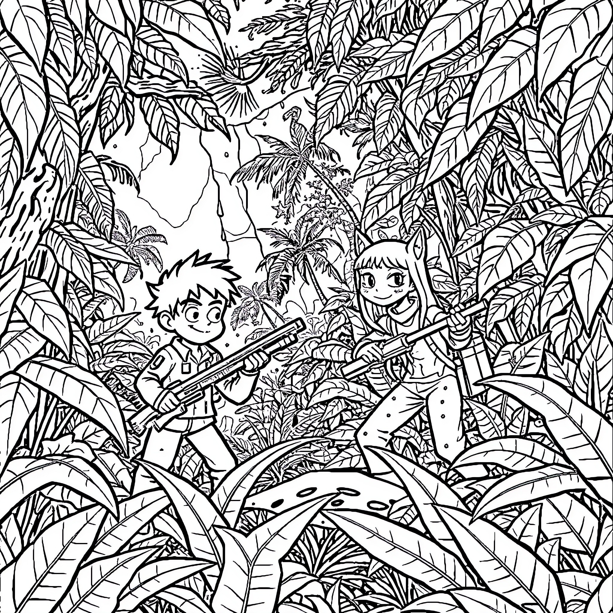 Sam's Jungle Adventure with a Smiling Friend Coloring Page (free black-and-white line drawing printable PDF for all, from beginners to advanced learners, including children, teens, adults, and seniors)