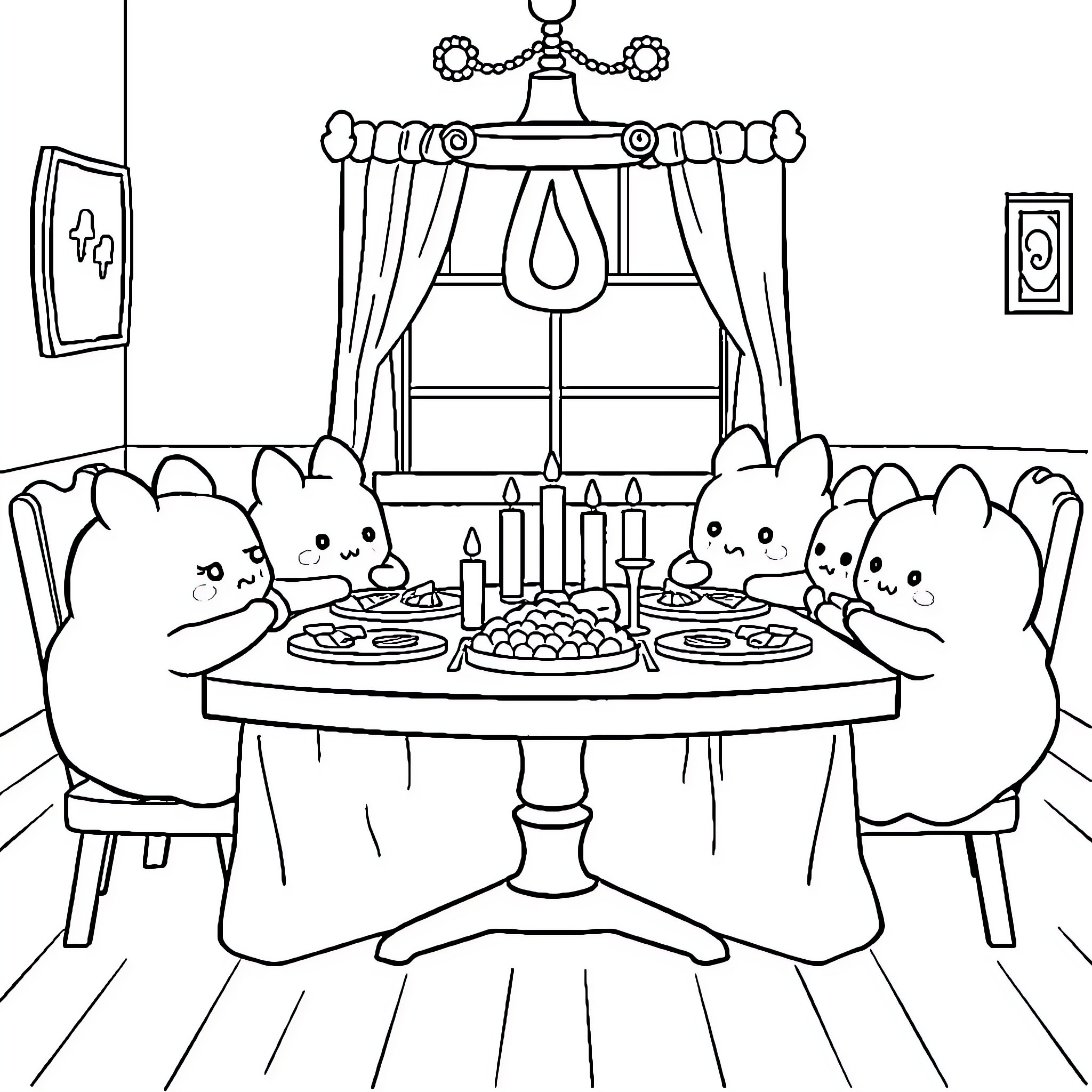Squishmallow characters having a cozy dinner party Coloring Page (free black-and-white line drawing printable PDF for all, from beginners to advanced learners, including children, teens, adults, and seniors)