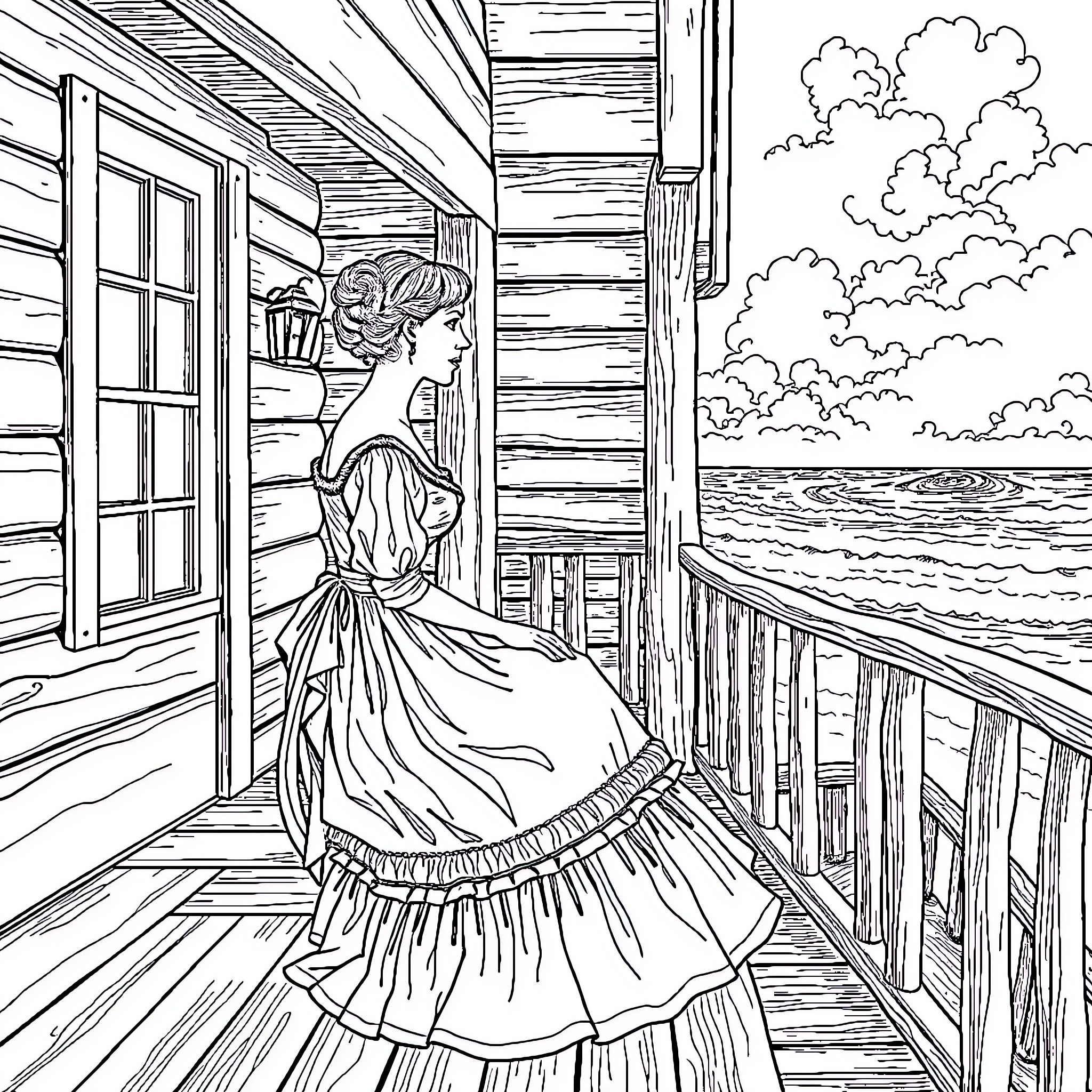 Woman gazing out from a coastal cottage Coloring Page (free black-and-white line drawing printable PDF for all, from beginners to advanced learners, including children, teens, adults, and seniors)