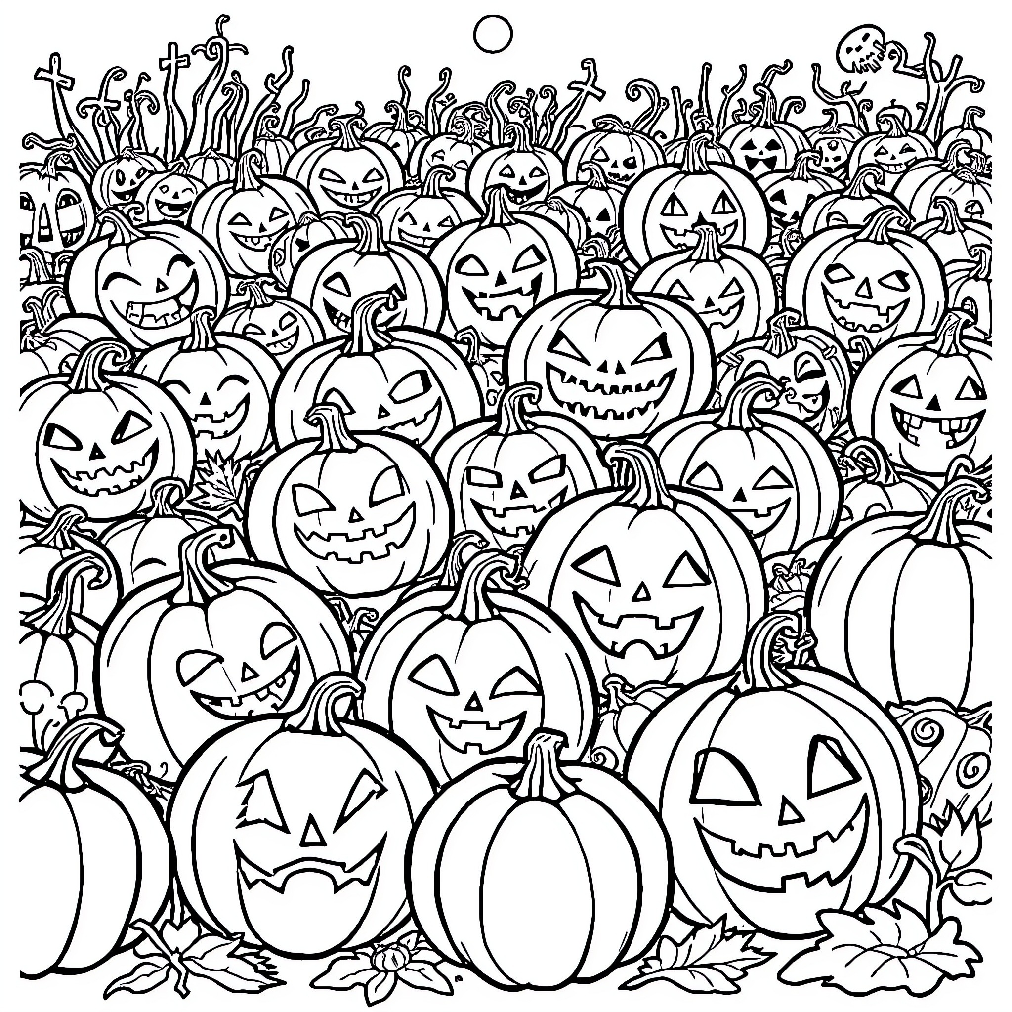Pumpkin patch with carved jack-o'-lanterns Coloring Page (free black-and-white line drawing printable PDF for all, from beginners to advanced learners, including children, teens, adults, and seniors)