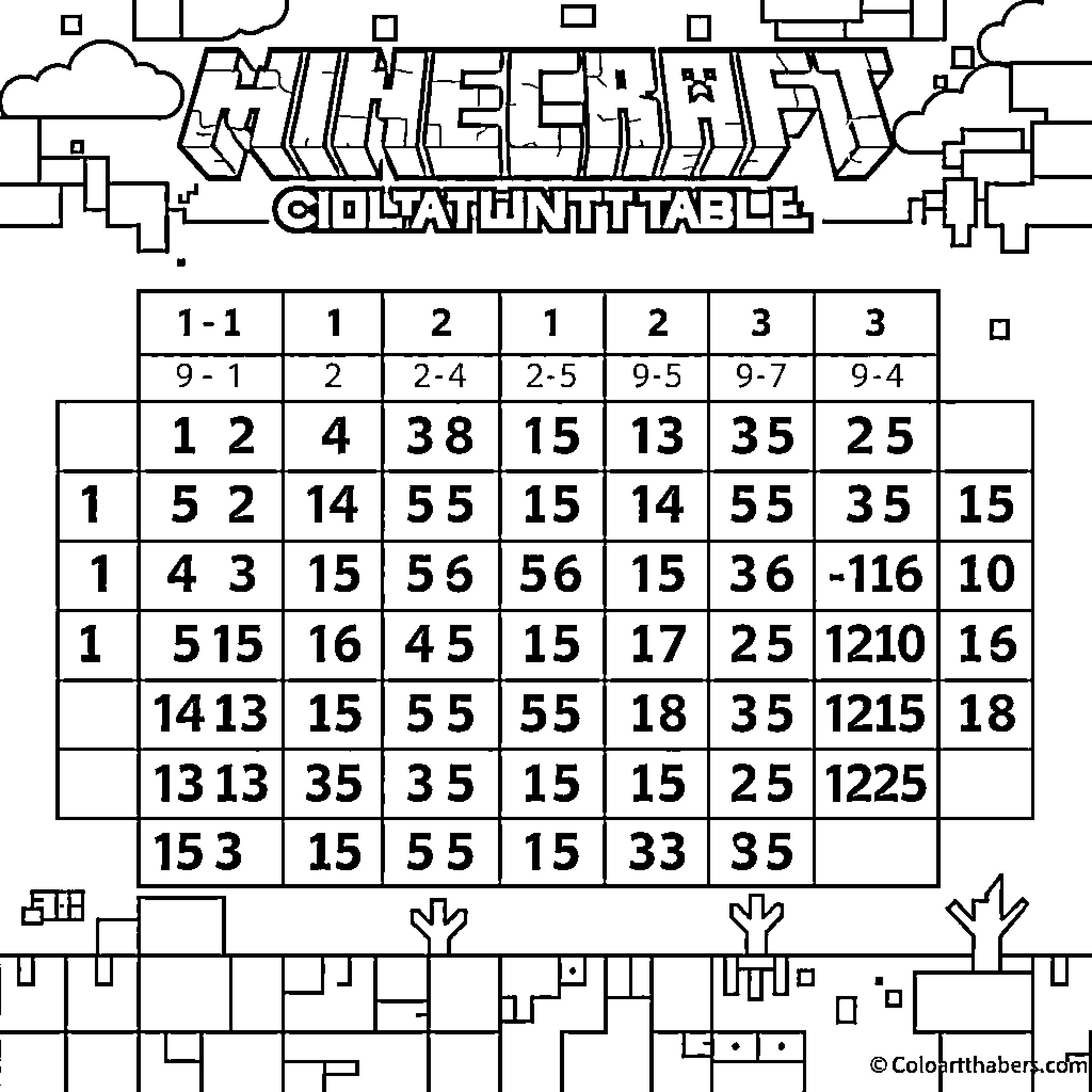 Minecraft Coloring Table with Numbers Coloring Page (free black-and-white line drawing printable PDF for all, from beginners to advanced learners, including children, teens, adults, and seniors)
