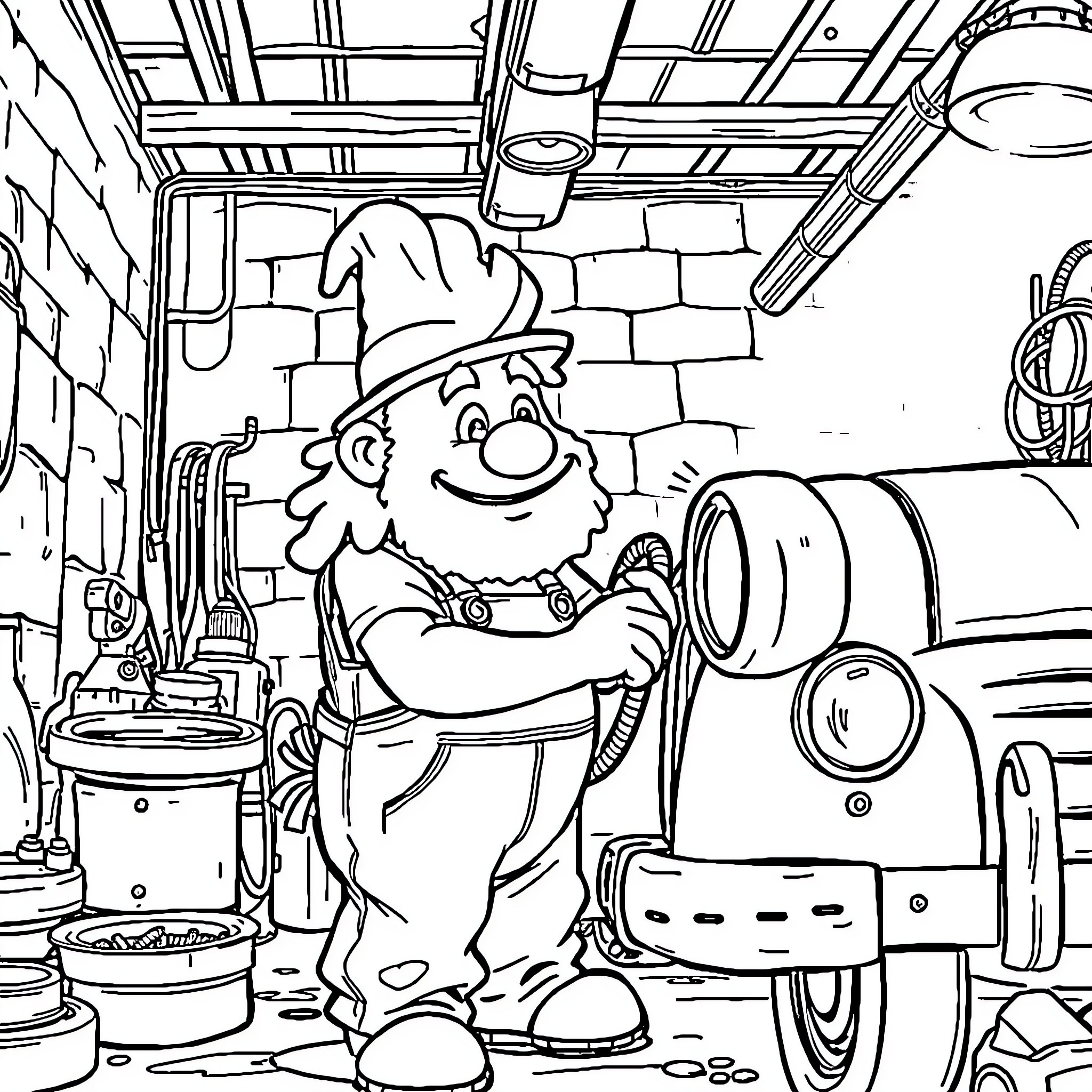 Oompa Loompa working diligently in a workshop Coloring Page (free black-and-white line drawing printable PDF for all, from beginners to advanced learners, including children, teens, adults, and seniors)