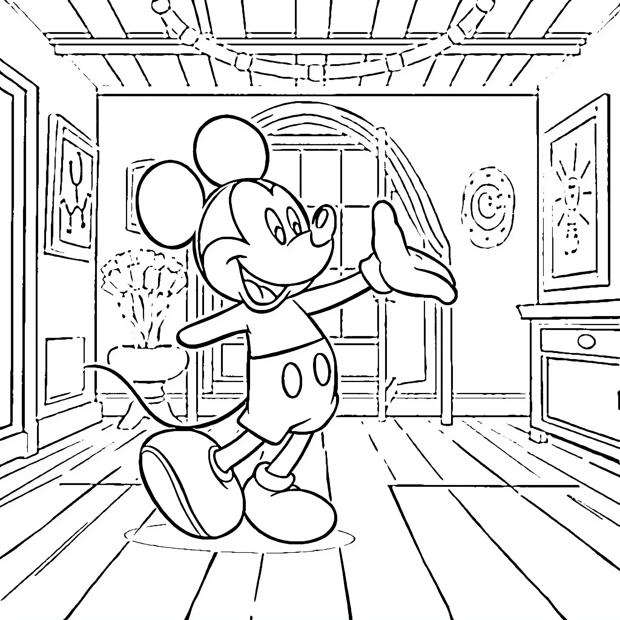 Mickey Mouse exploring a cozy indoor scene Coloring Page (free black-and-white line drawing printable PDF for all, from beginners to advanced learners, including children, teens, adults, and seniors)