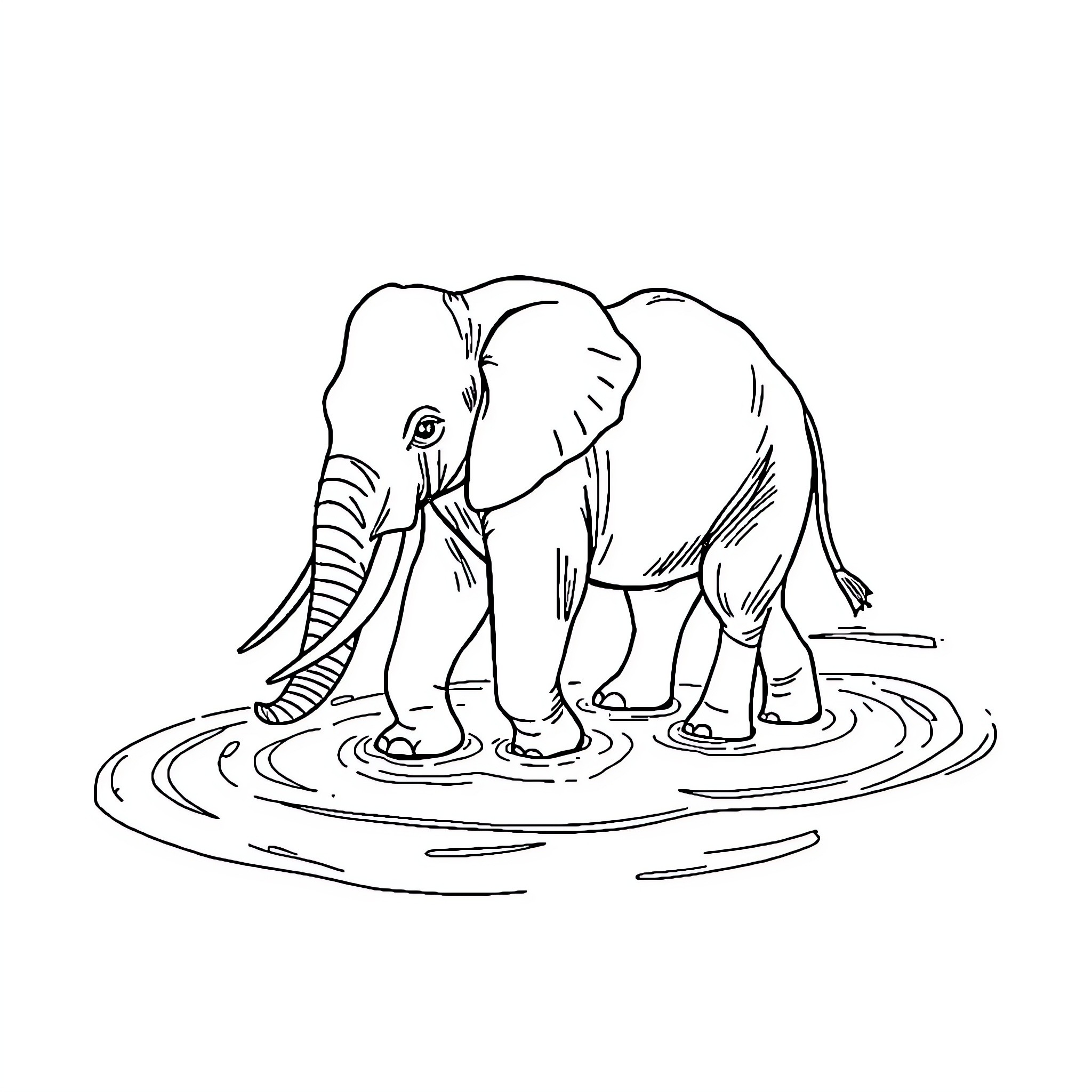 Elephant wading through shallow water Coloring Page (free black-and-white line drawing printable PDF for all, from beginners to advanced learners, including children, teens, adults, and seniors)