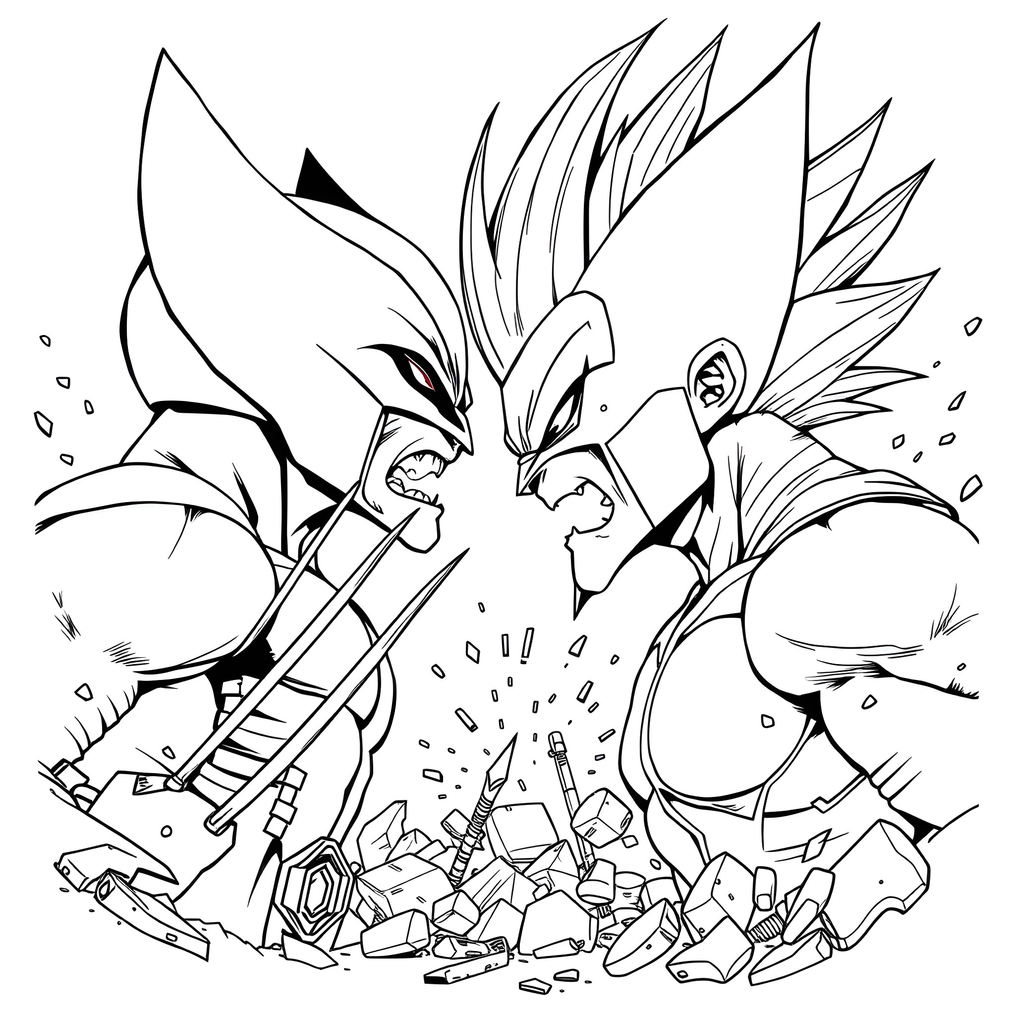 Wolverine battling powerful enemies in an intense scene Coloring Page (free black-and-white line drawing printable PDF for all, from beginners to advanced learners, including children, teens, adults, and seniors)
