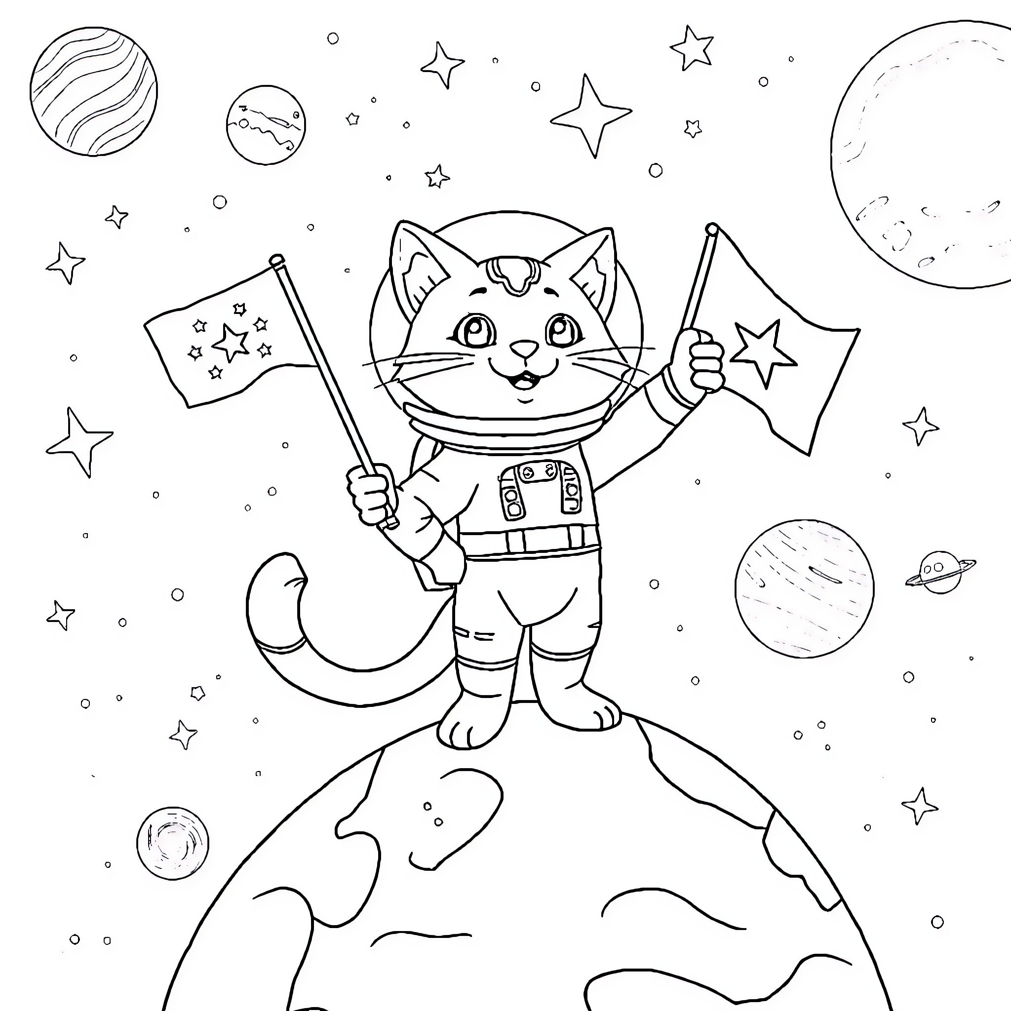 Cat Astronaut Exploring Cosmic Space with Flags and Stars Coloring Page (free black-and-white line drawing printable PDF for all, from beginners to advanced learners, including children, teens, adults, and seniors)