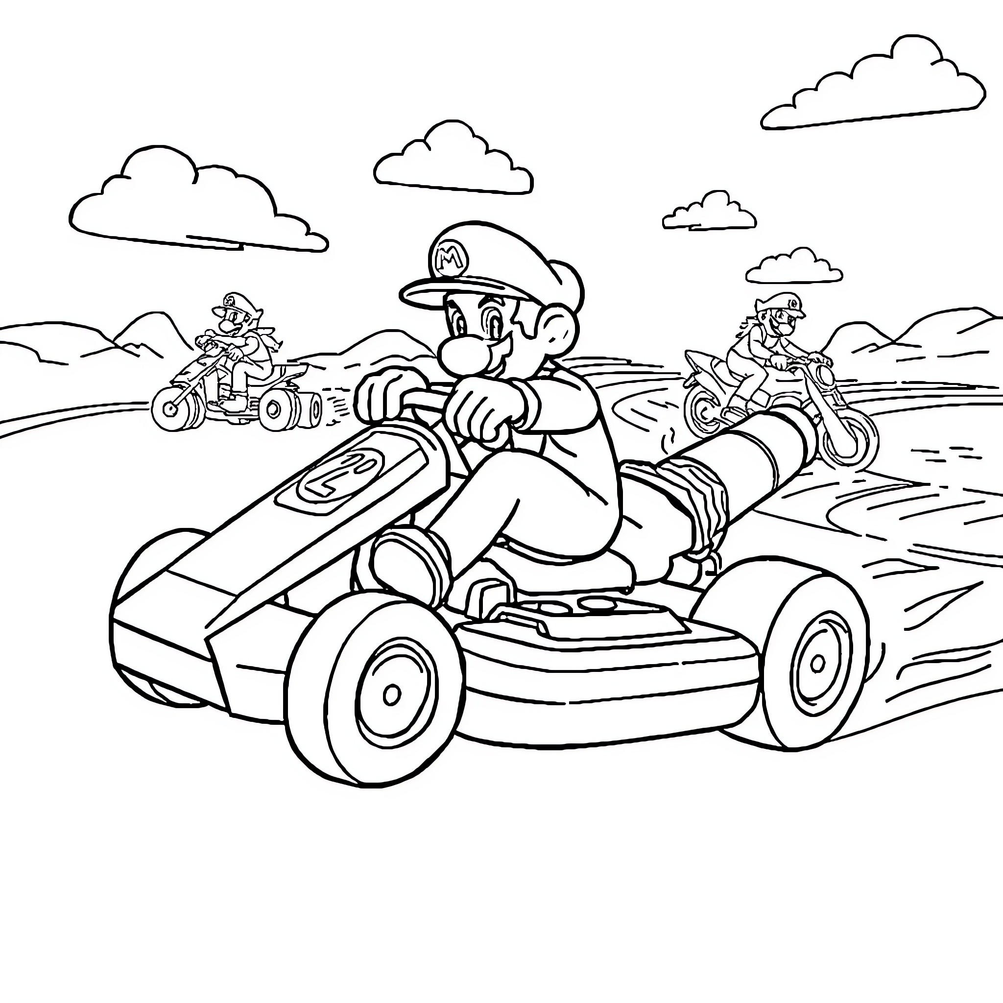 Vehicle Racers Speeding Through Countryside Landscape Coloring Page (free black-and-white line drawing printable PDF for all, from beginners to advanced learners, including children, teens, adults, and seniors)