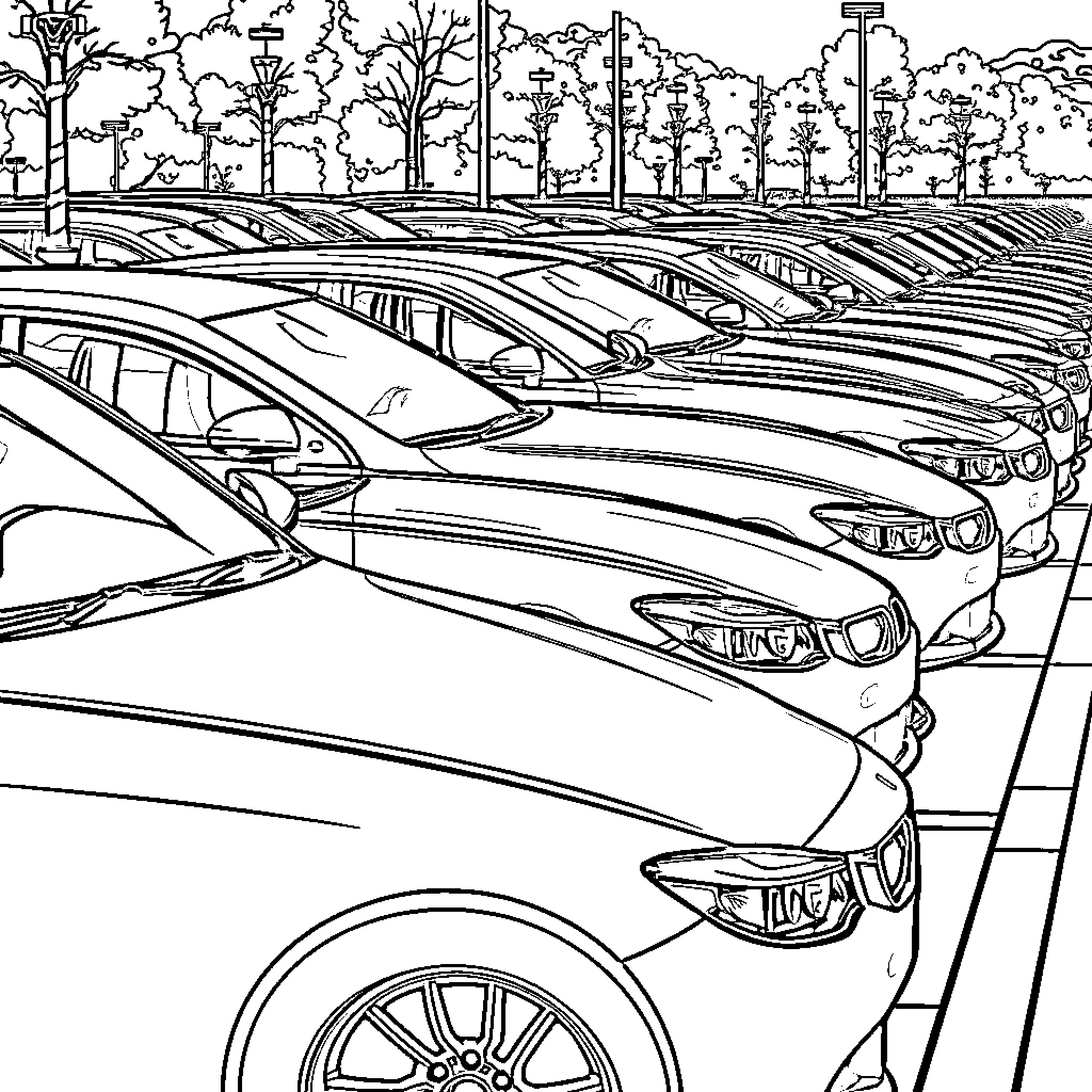Car parking lot in the forest Coloring Page (free black-and-white line drawing printable PDF for all, from beginners to advanced learners, including children, teens, adults, and seniors)