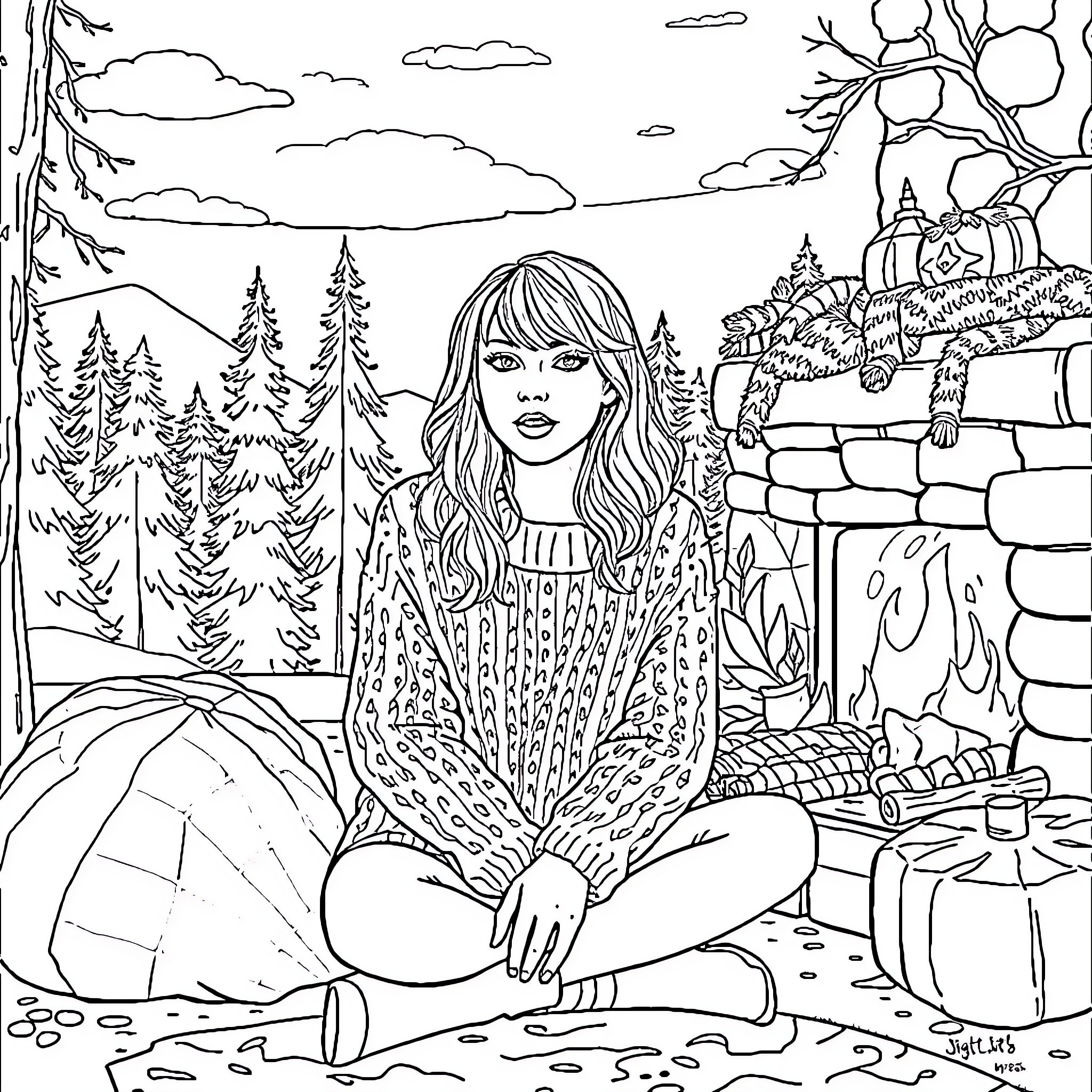 Taylor Swift in a scenic outdoor setting Coloring Page (free black-and-white line drawing printable PDF for all, from beginners to advanced learners, including children, teens, adults, and seniors)