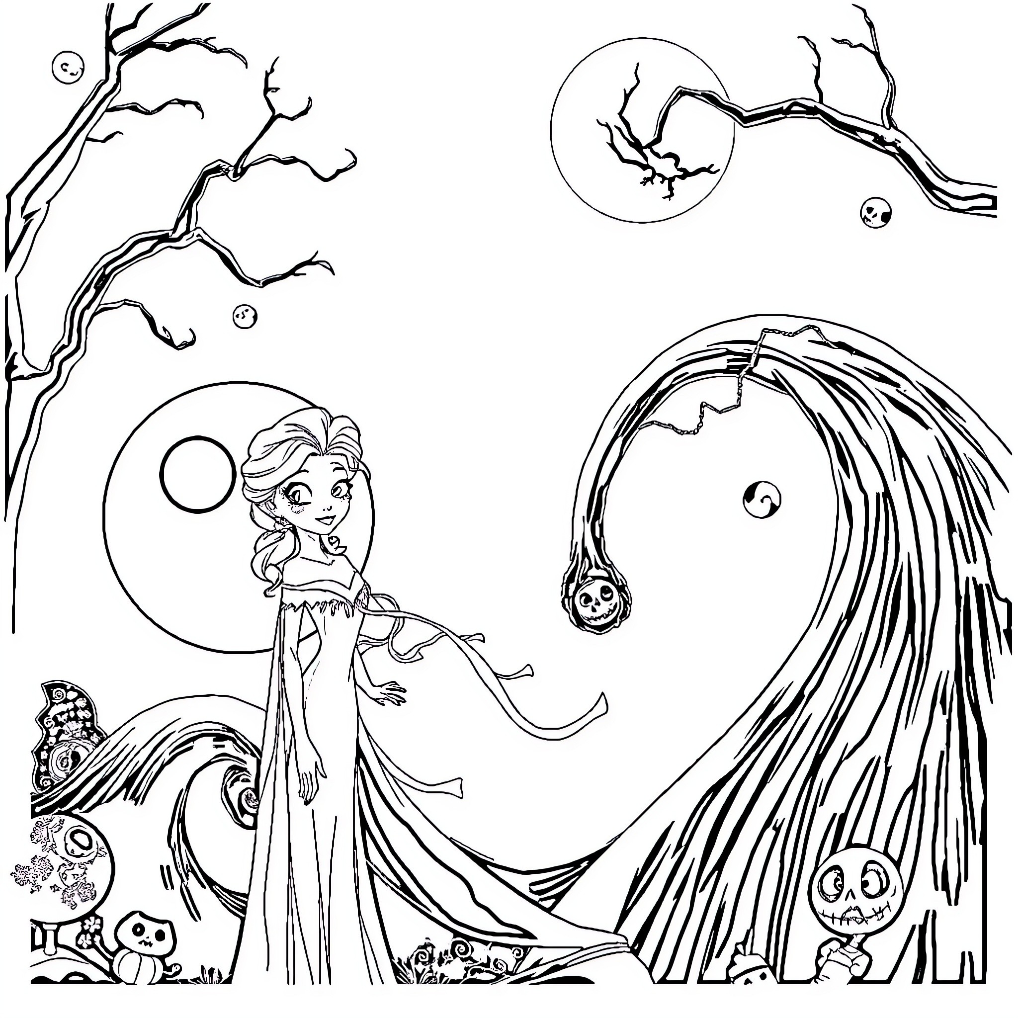 Elsa's Enchanting Moonlit Adventure Coloring Page (free black-and-white line drawing printable PDF for all, from beginners to advanced learners, including children, teens, adults, and seniors)
