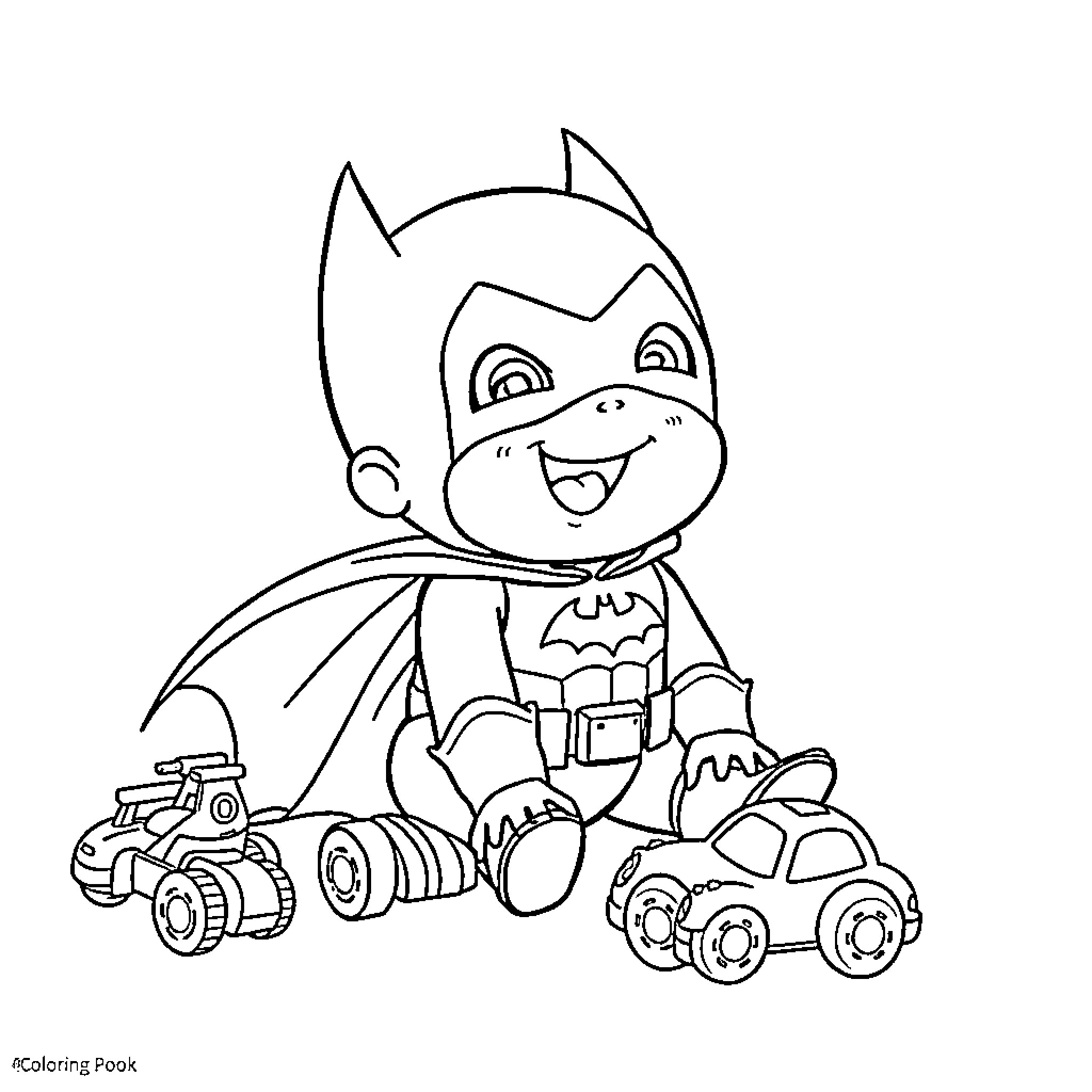 Batman playing joyfully with toy vehicles Coloring Page (free black-and-white line drawing printable PDF for all, from beginners to advanced learners, including children, teens, adults, and seniors)