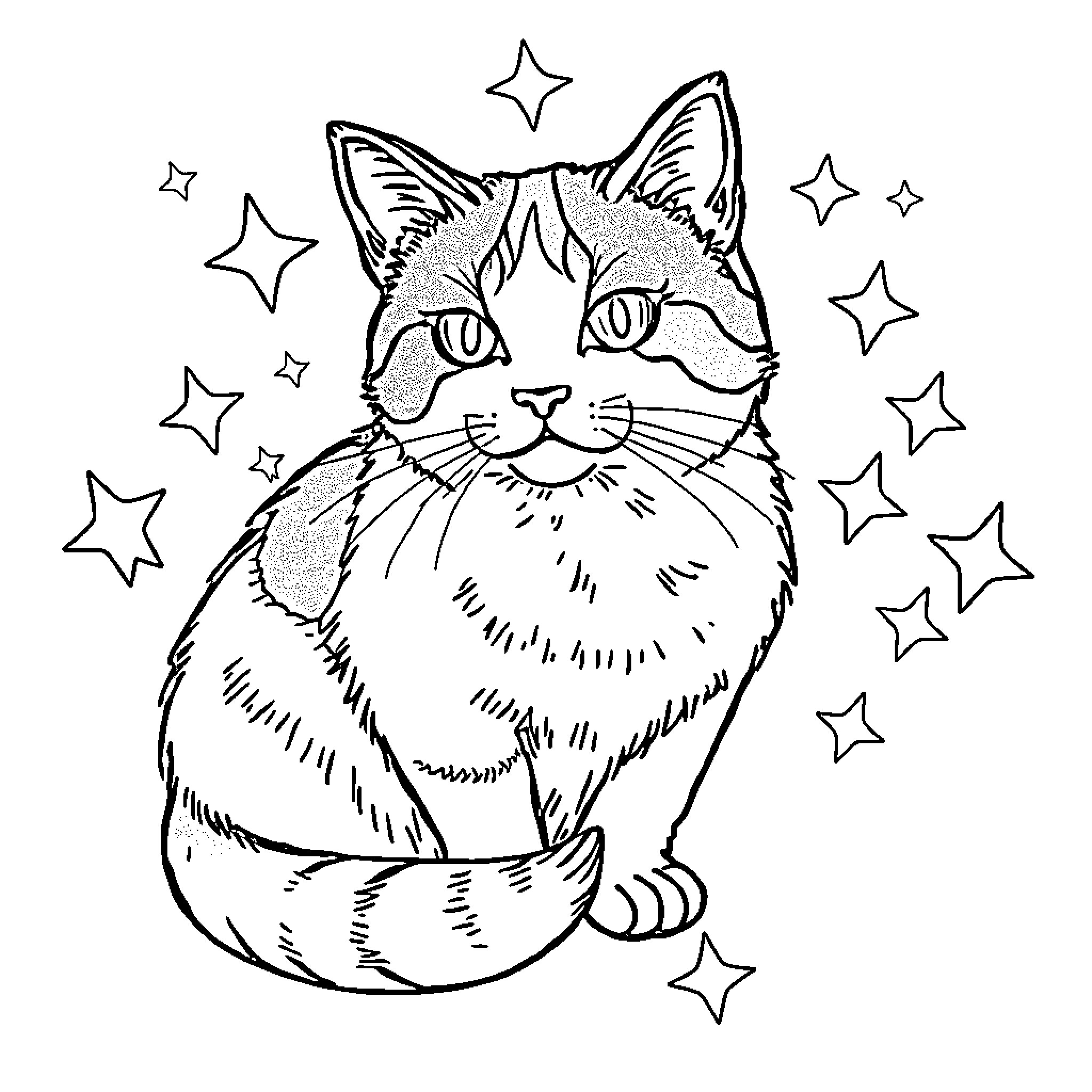 Calico Cat surrounded by sparkling stars Coloring Page (free black-and-white line drawing printable PDF for all, from beginners to advanced learners, including children, teens, adults, and seniors)