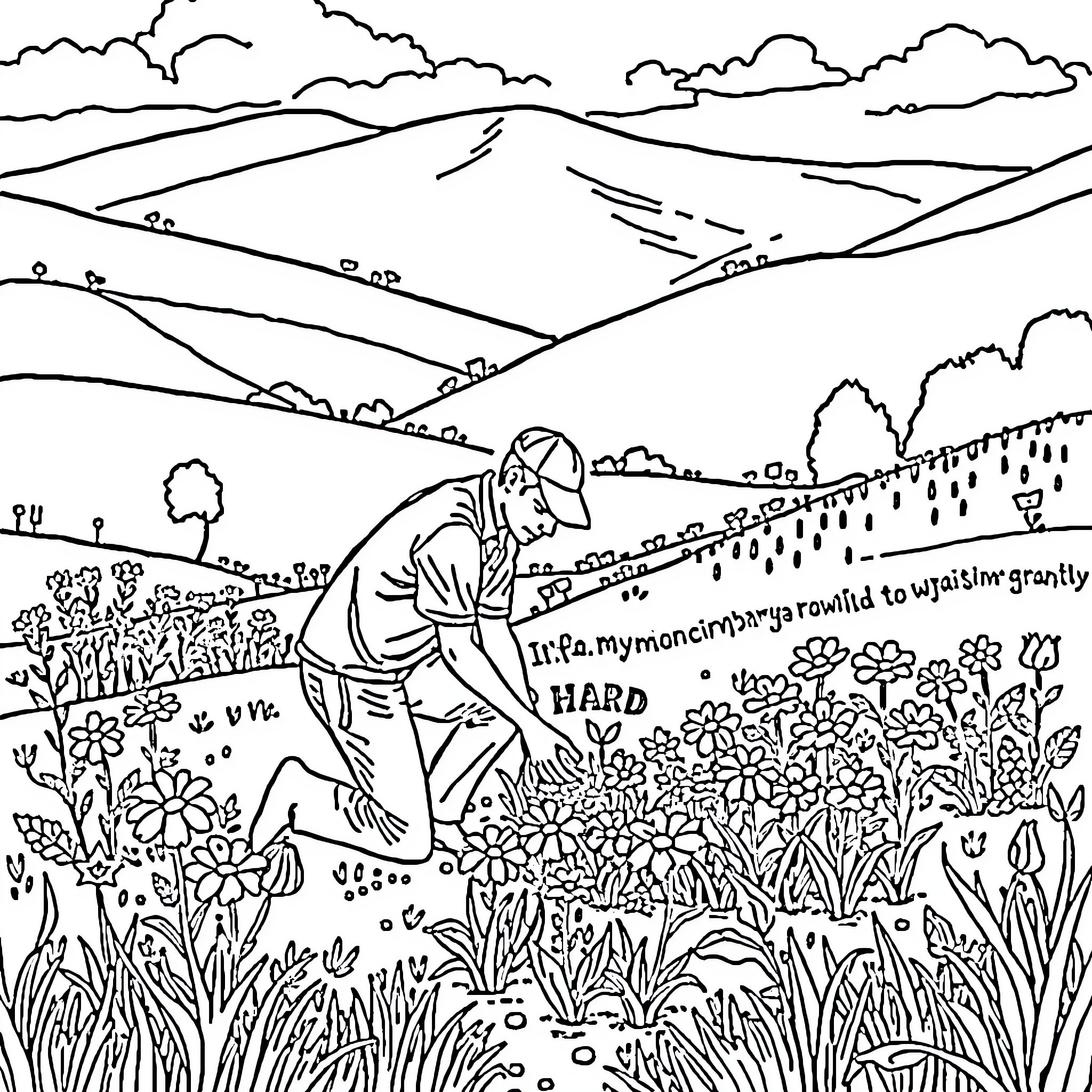 Man working hard in the scenic countryside Coloring Page (free black-and-white line drawing printable PDF for all, from beginners to advanced learners, including children, teens, adults, and seniors)