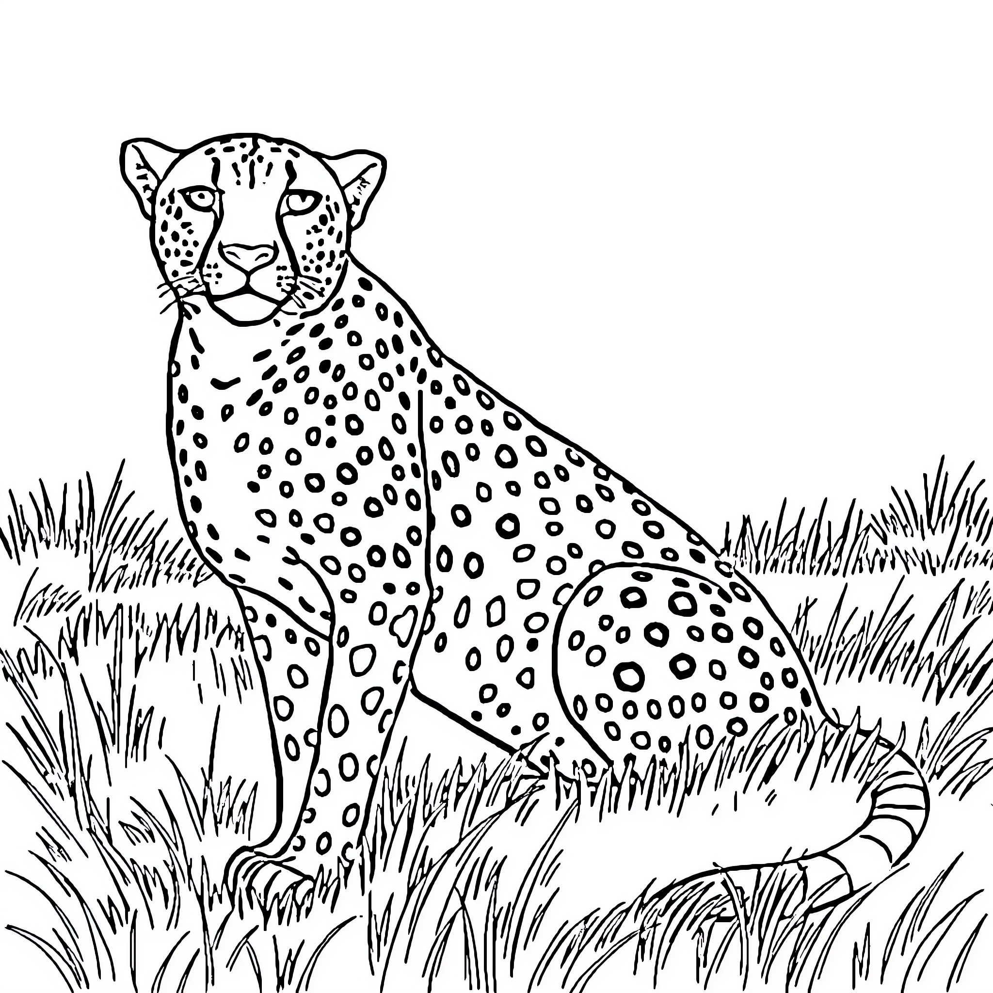 Cheetah resting in the wild grassland Coloring Page (free black-and-white line drawing printable PDF for all, from beginners to advanced learners, including children, teens, adults, and seniors)