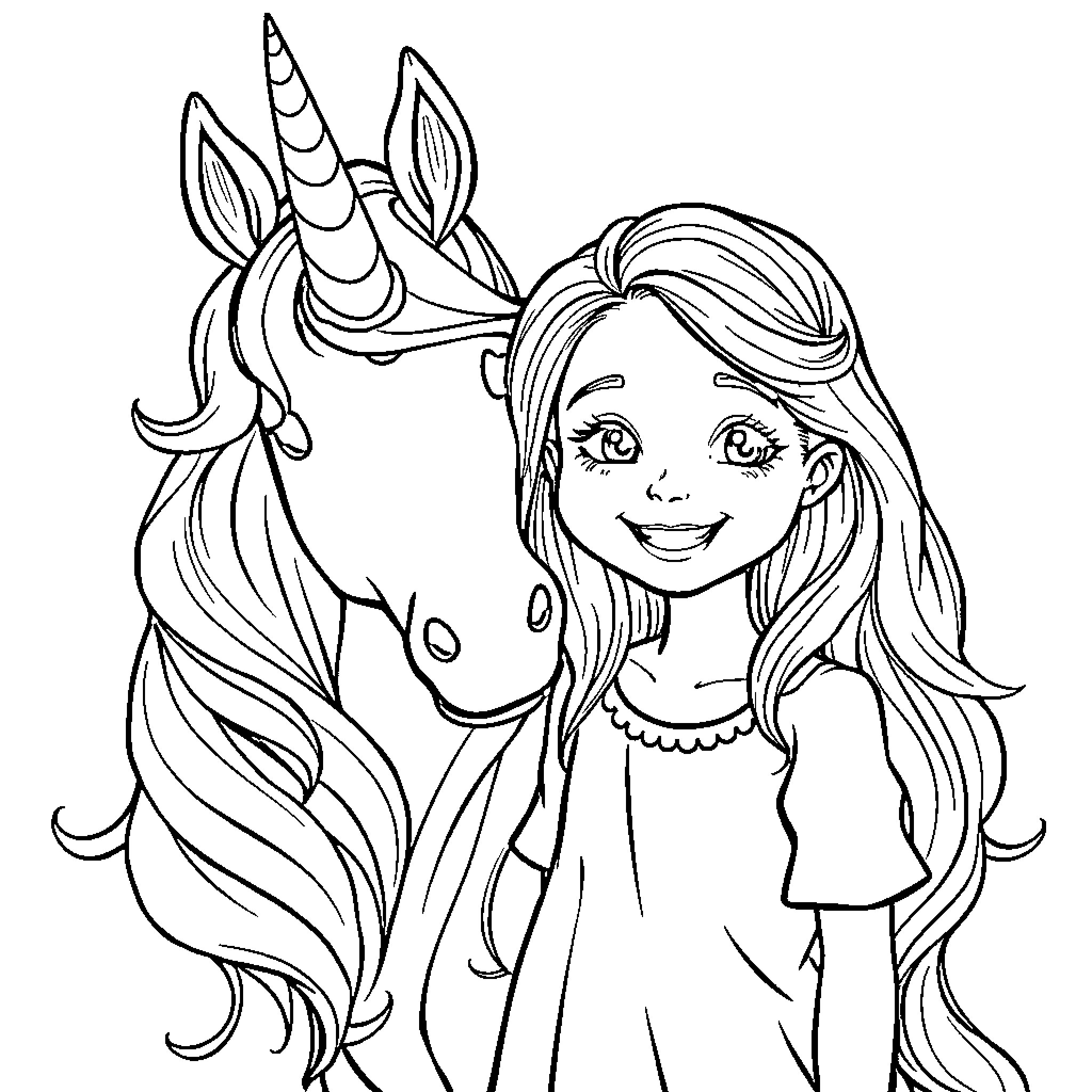 Girl hugging unicorn with long flowing hair Coloring Page (free black-and-white line drawing printable PDF for all, from beginners to advanced learners, including children, teens, adults, and seniors)