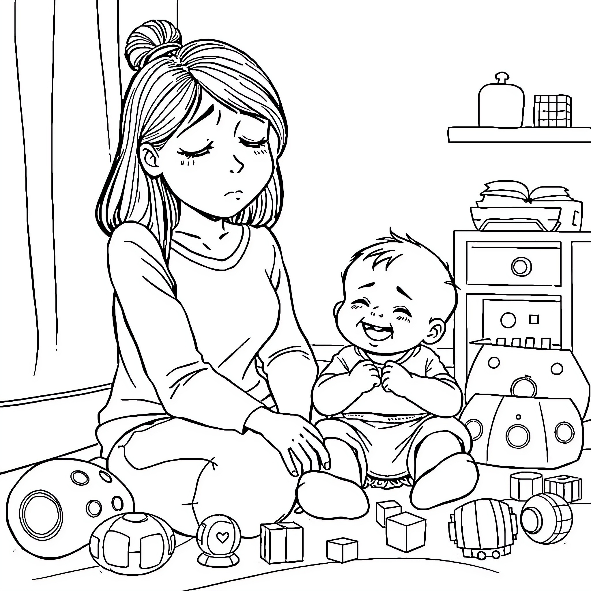 Mom comforting her child with toys Coloring Page (free black-and-white line drawing printable PDF for all, from beginners to advanced learners, including children, teens, adults, and seniors)
