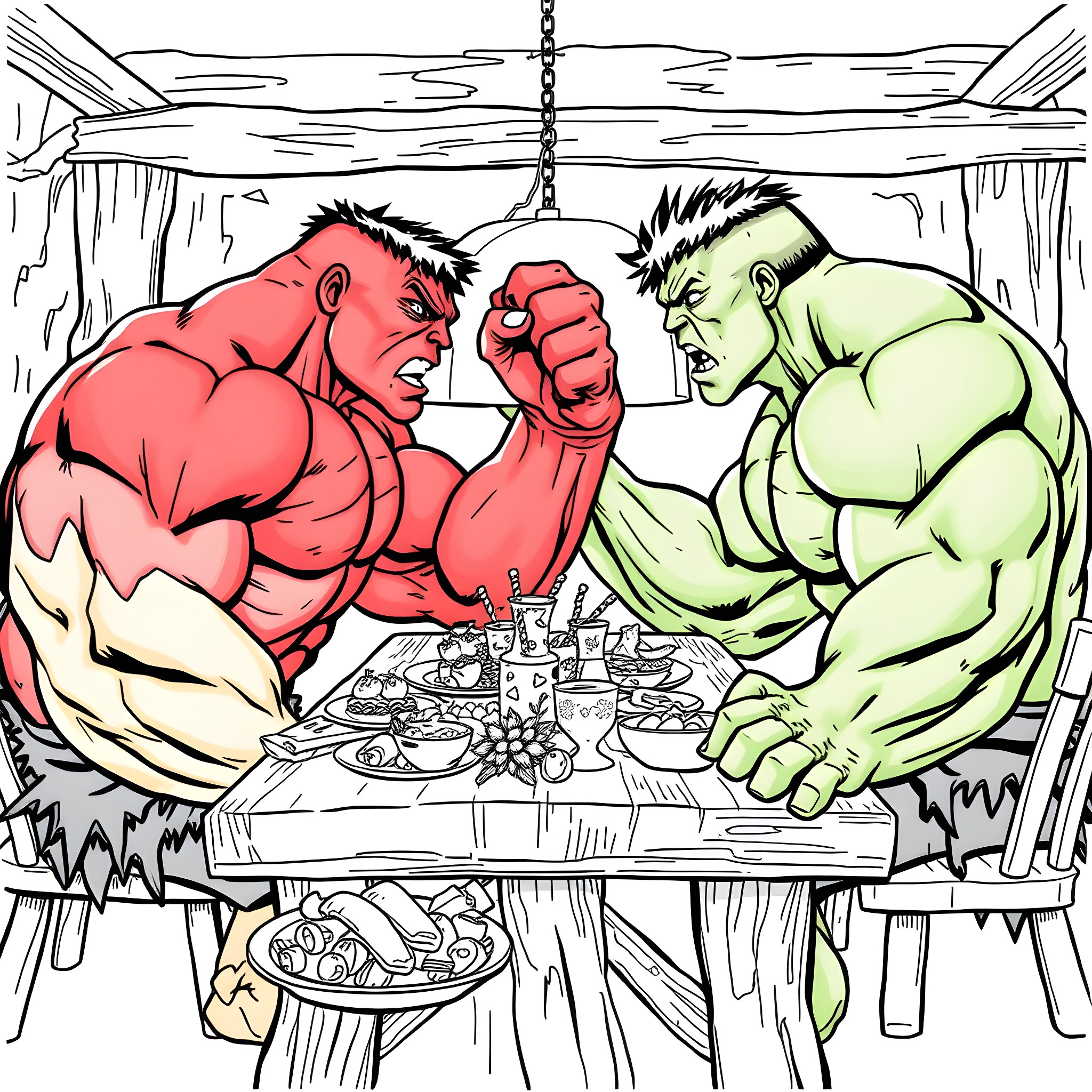 Hulk arm wrestling with a muscular opponent in a rustic setting Coloring Page (free black-and-white line drawing printable PDF for all, from beginners to advanced learners, including children, teens, adults, and seniors)
