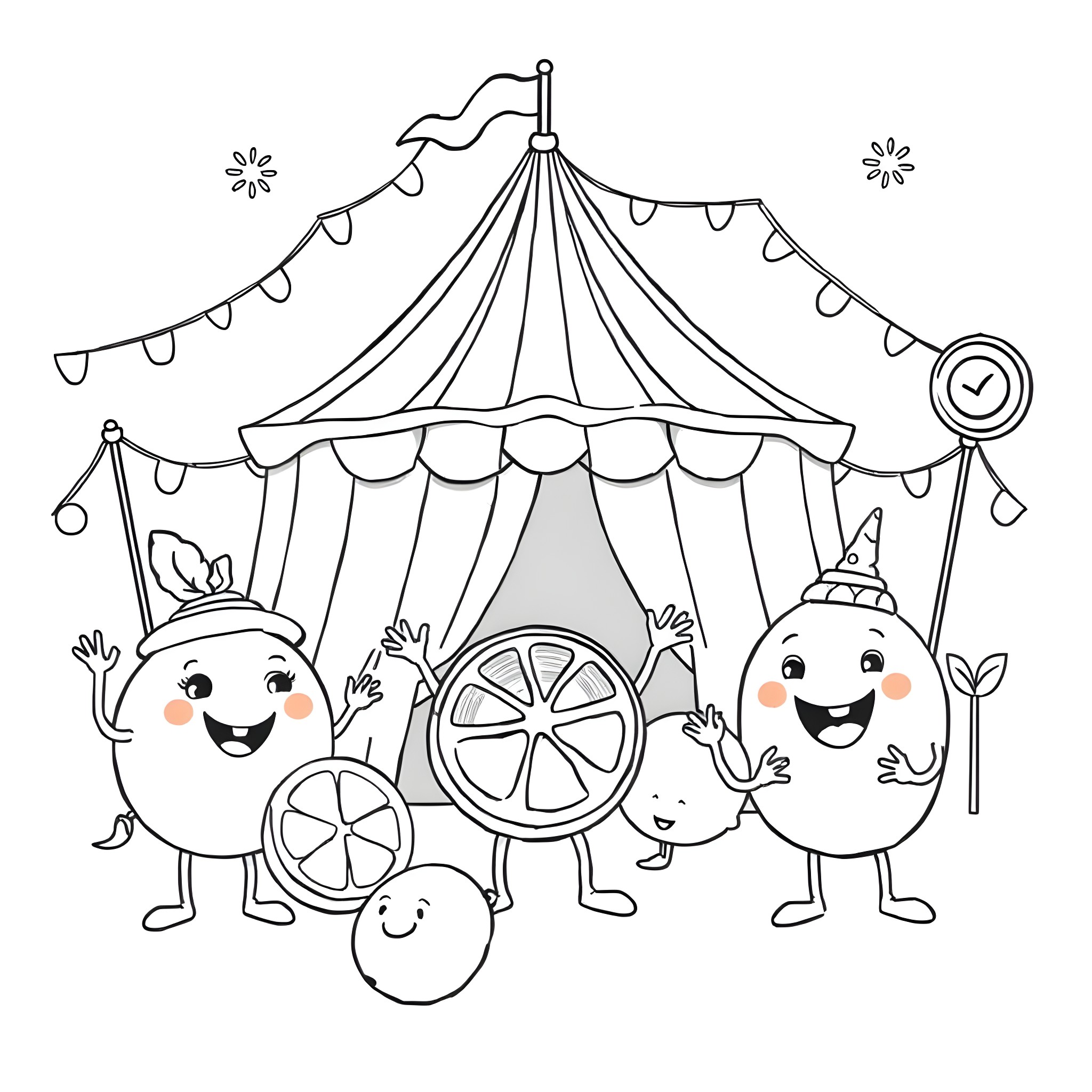 Fruit characters happily playing at the carnival Coloring Page (free black-and-white line drawing printable PDF for all, from beginners to advanced learners, including children, teens, adults, and seniors)