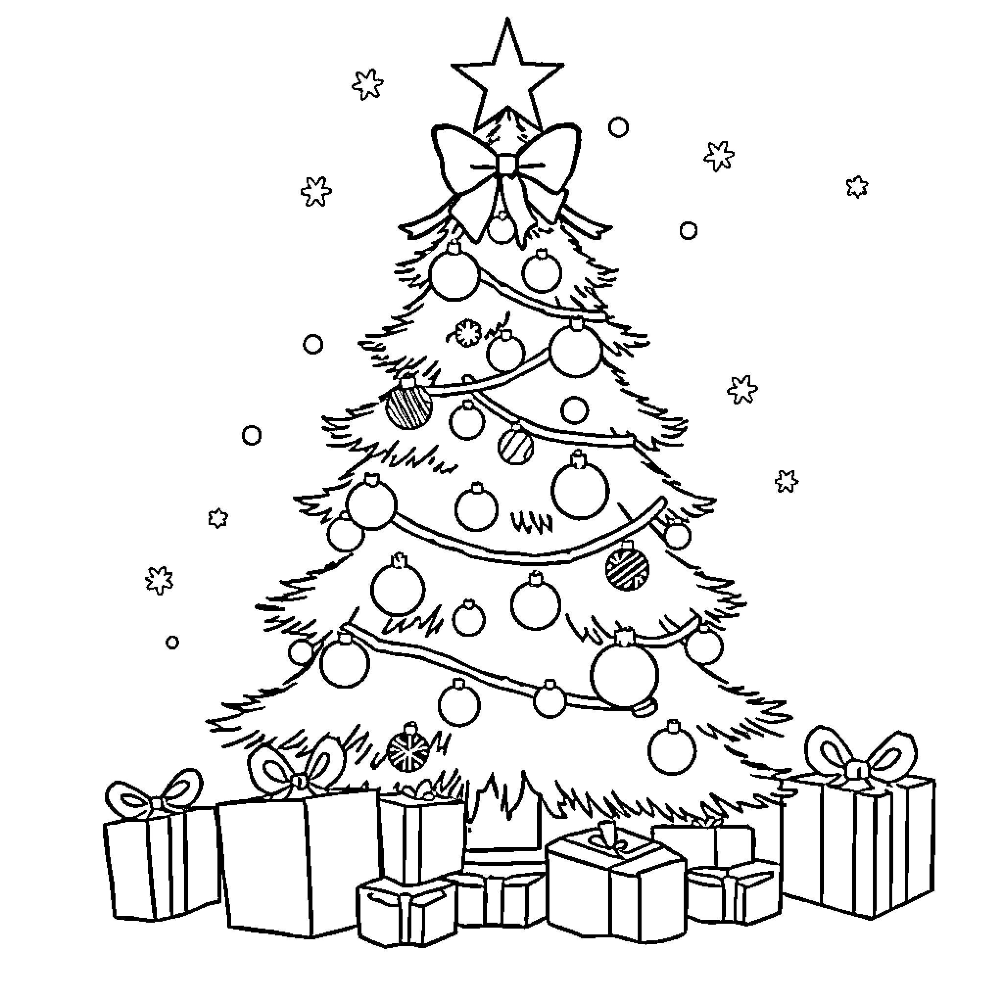 Christmas Tree with Ornaments and Gifts Coloring Page (free black-and-white line drawing printable PDF for all, from beginners to advanced learners, including children, teens, adults, and seniors)