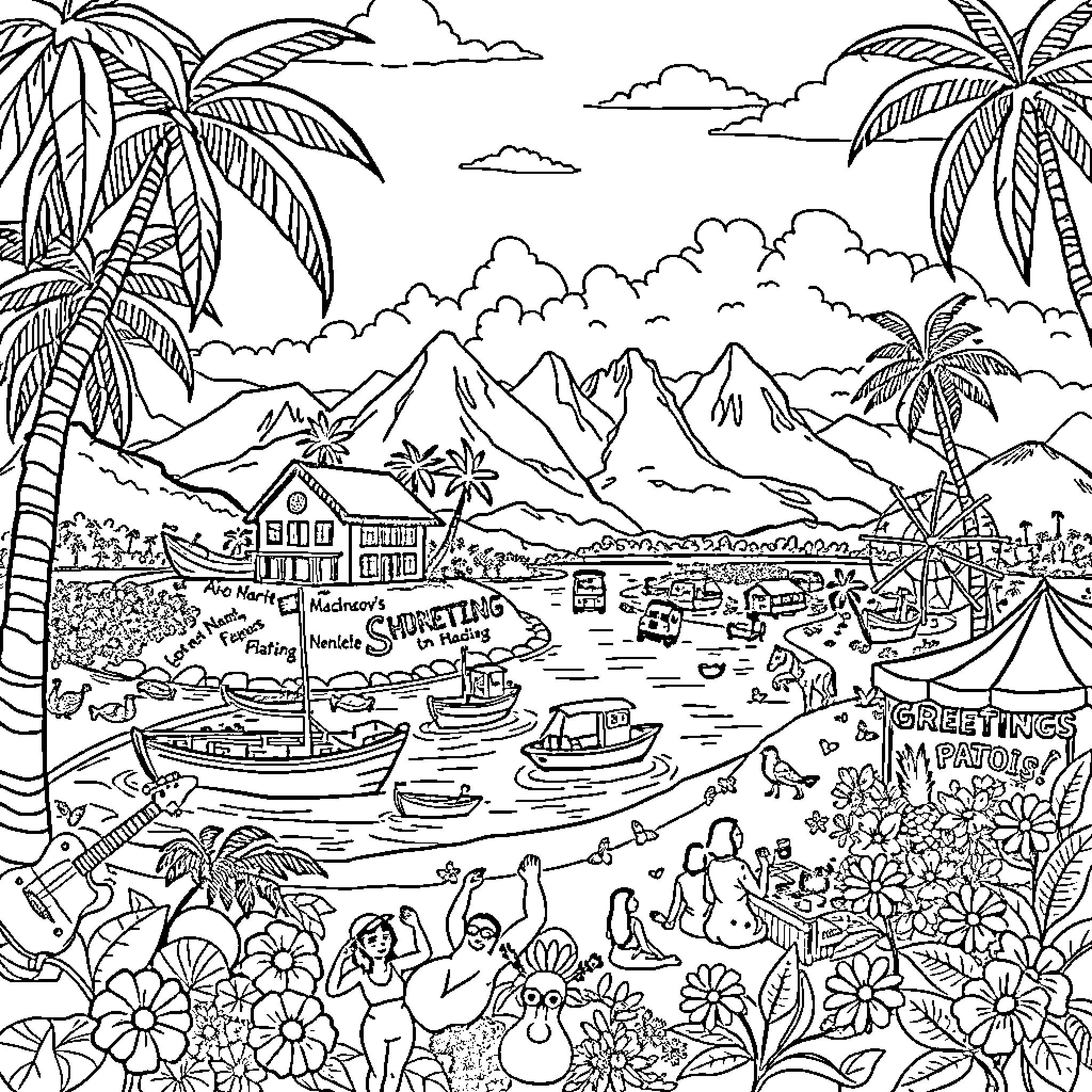 Island Adventure with Vibrant Scenes and Activities Coloring Page (free black-and-white line drawing printable PDF for all, from beginners to advanced learners, including children, teens, adults, and seniors)