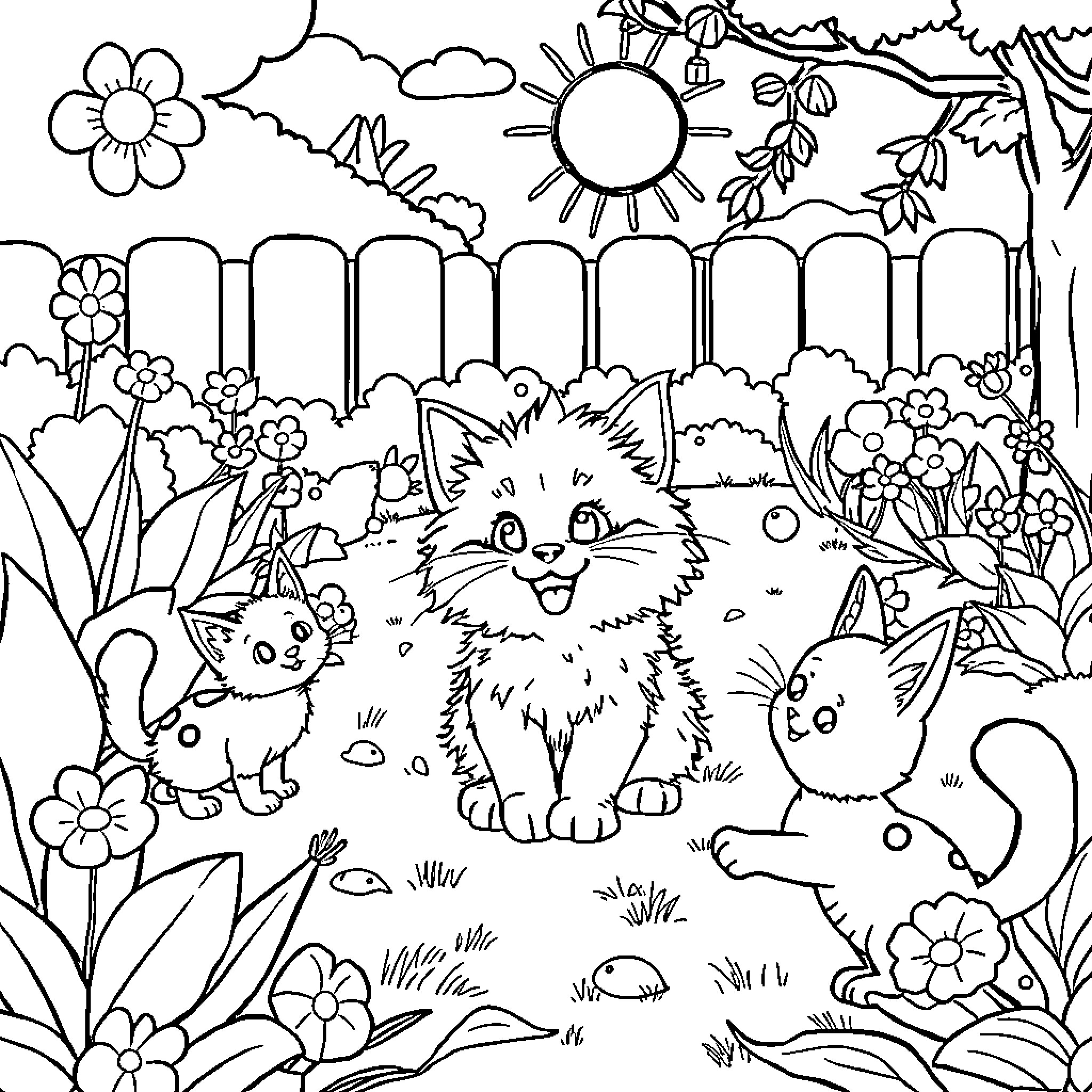 Cat family in a colorful garden Coloring Page (free black-and-white line drawing printable PDF for all, from beginners to advanced learners, including children, teens, adults, and seniors)